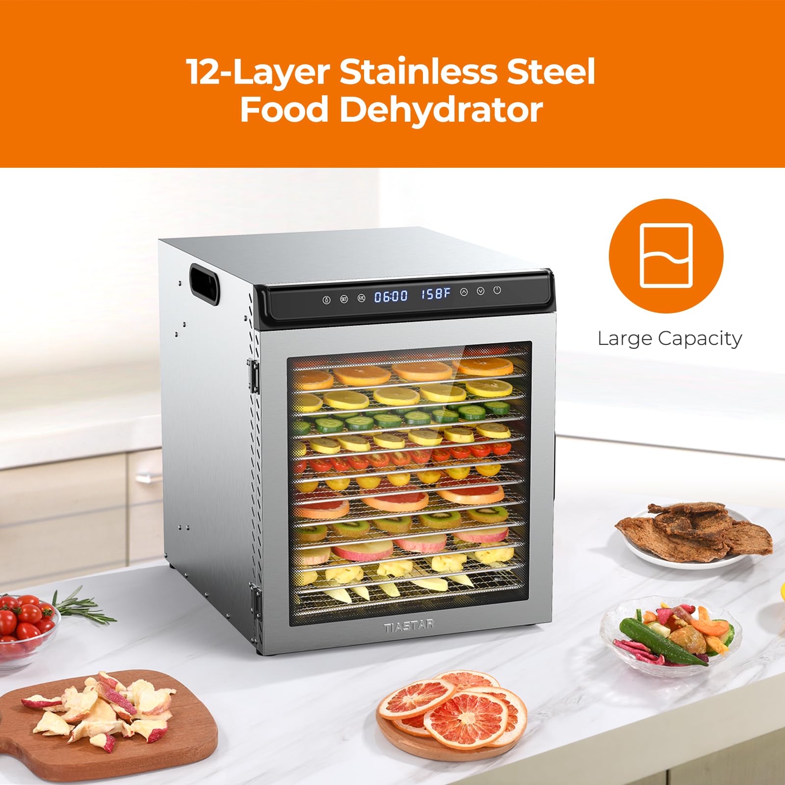 Stainless Steel Food Dehydrator Machine, 12 Trays Food Dryer, 1300W Dehydrators for Food and Jerky, 72H Timer and Temp Control, Recipes Included