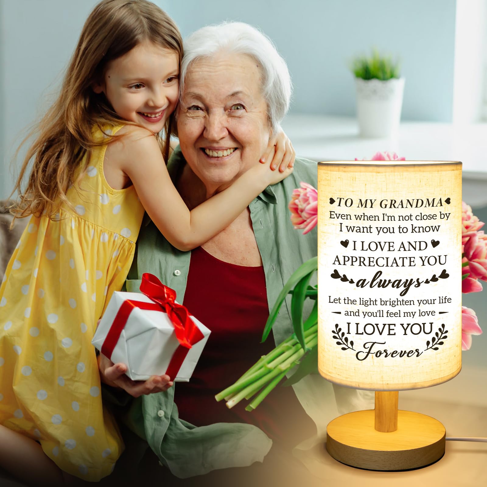 Calibron Christmas Gifts for Grandma from Grandkids, Grandma Christmas Gifts Fabric Lamp, Birthday Gifts for Grandma Table Lamp with Wooden Stand Unique Grandma Gifts