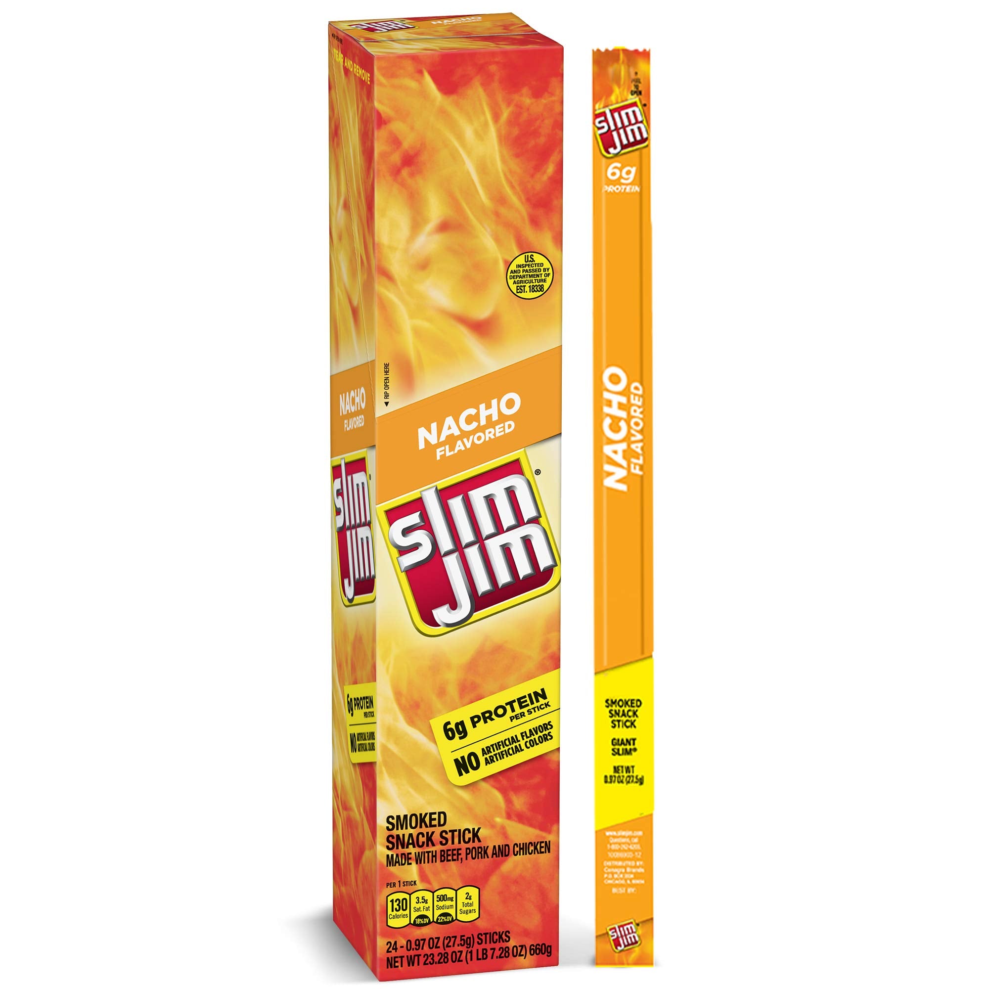 Slim Jim Giant Smoked Meat Sticks, Nacho Flavor, 6g Protein Per Stick, Easter Basket Stuffer, 0.97 oz. (24 Count)