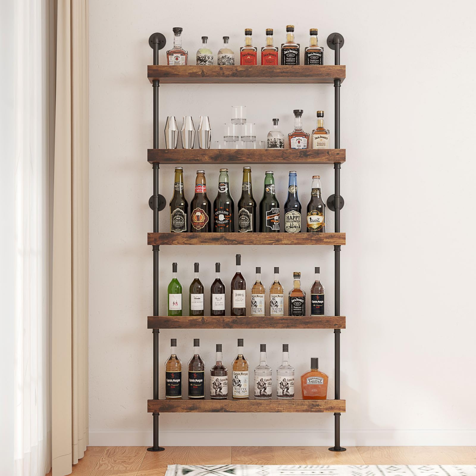 Woskar 5-Tier Wall Mounted Wine Rack, Industrial Pipe Bar Shelf for Wine Bottle Storage, Industrial Pipe Shelves Shelf Shelving for Home Bar Dining Room Kitchen (40" W x 79" H x 8.6" D)