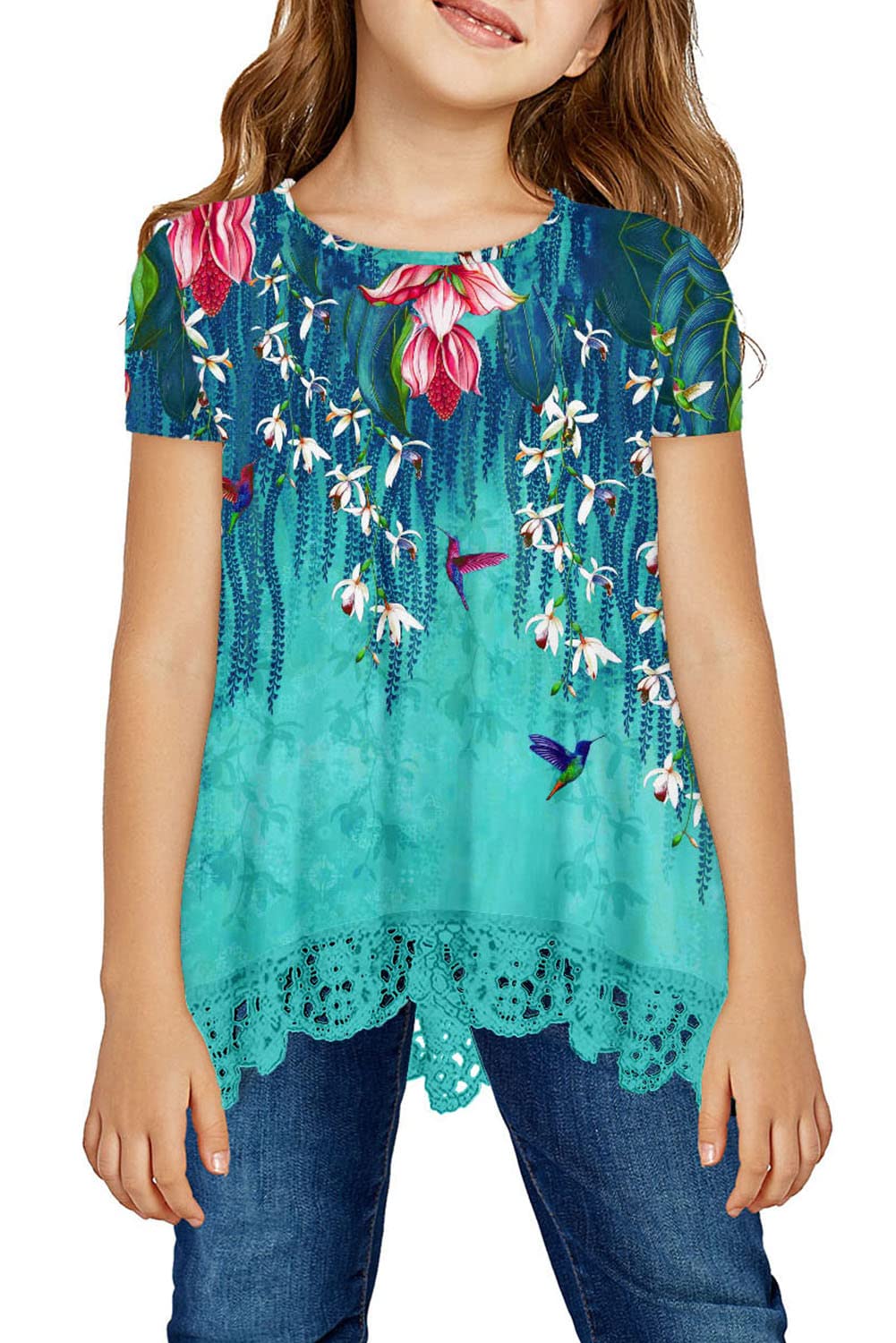 storeofbaby Girls Tops Kids Casual Flower Shirt Summer Loose Fit Lace Hem Tees