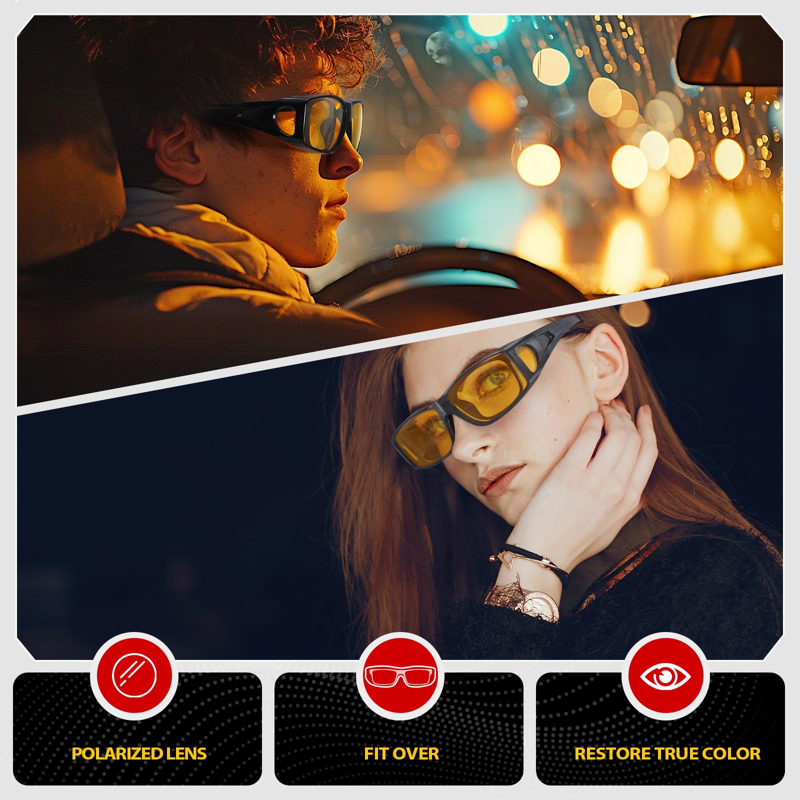 TJUTR Night Vision Driving Glasses Fit Over Glasses for Men Women, Polarized Anti Glare Night Time Yellow Lens