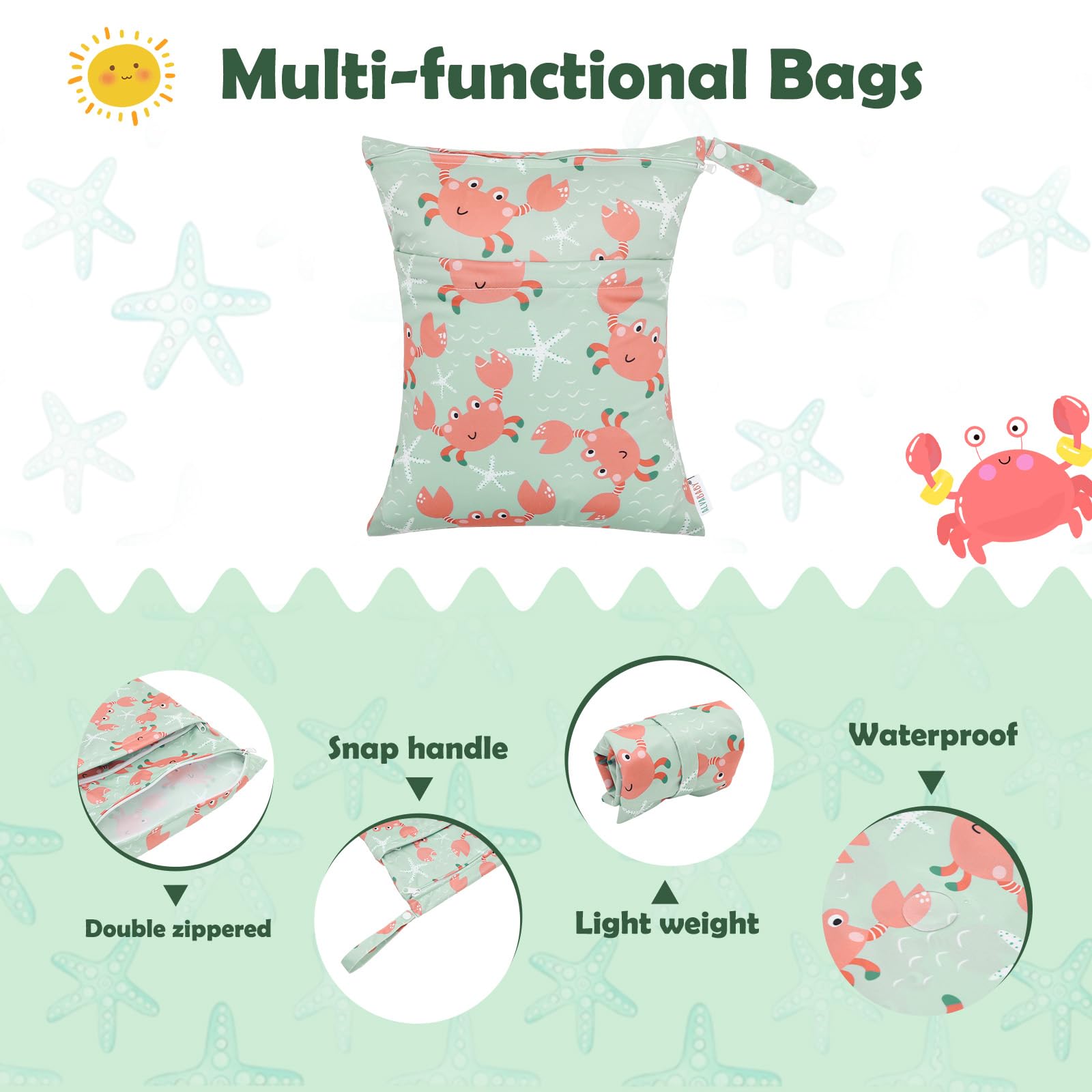 ALVA ALVABABY 3pcs Cloth Diaper Wet Dry Bags Waterproof Reusable with Two Zippered Pockets Travel Beach Pool Daycare Soiled Baby Items Yoga Gym Bag for Swimsuits or Wet Clothes 3L-ZM15A