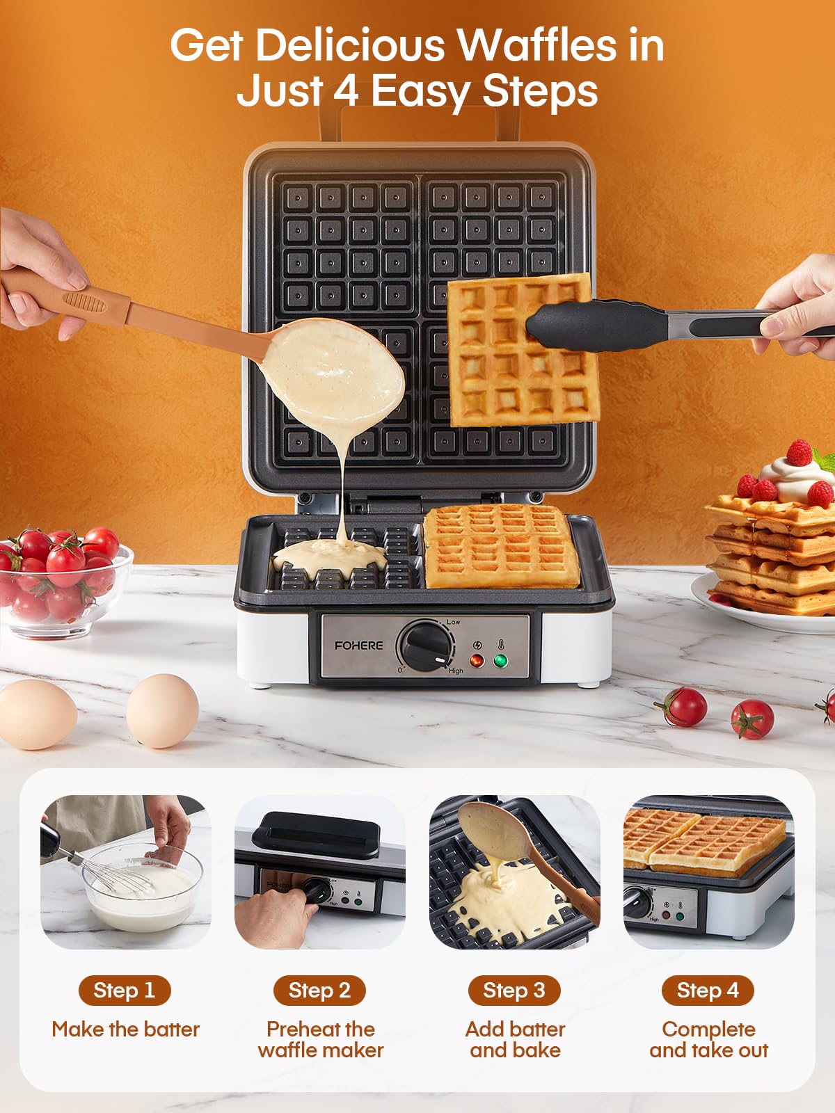 Belgian Waffle Maker š šŗššššš, ššššš¾ Waffle Iron, Waffle in š š“ššš, 5 Browning Levels, Nonstick Plates, Cool-touch Handle, Anti-scald, Anti-overflow, Indicator Lights, Recipe, White