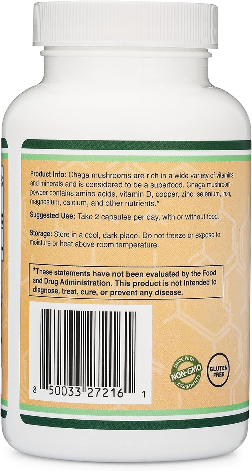 Chaga Mushrooms Capsules 120 Count (1,000mg Chaga Mushrooms Powder per Serving) High in Polysaccharides, Beta Glucans, and Terpenoids - Grown and Made in The USA, Vegan Safe, Organic by Double Wood