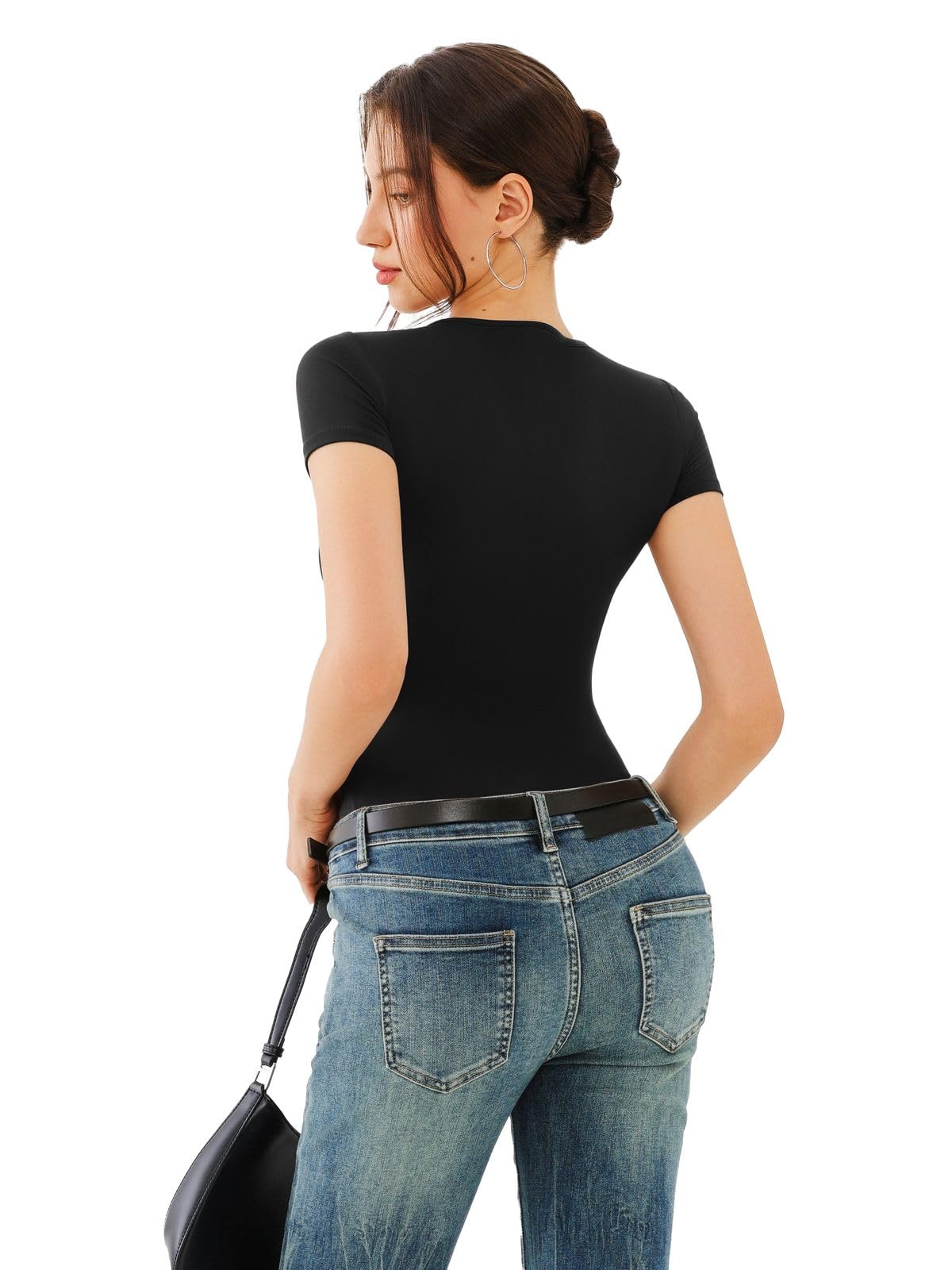 REORIA Black Double Lined Basic Bodysuits Short Sleeve Body Suits Trendy Summer Outfits Tops for Women 2025 Medium