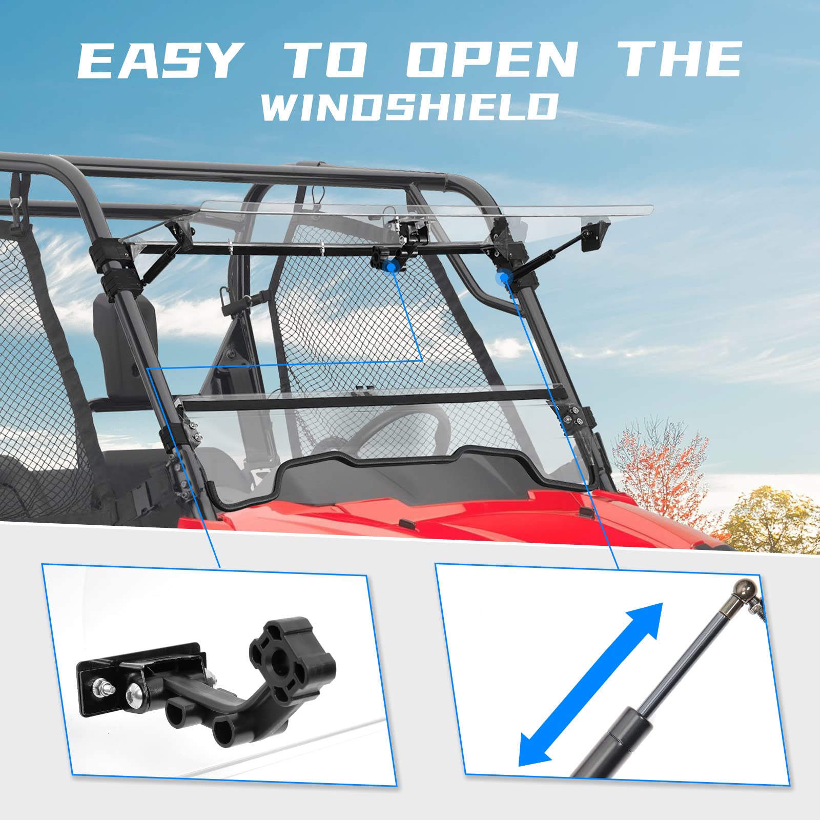 KEMIMOTO UTV 3-IN-1 Flip Windshield Compatible with Pioneer 700 / 700-4 (2014-2025), Hardened PC Material, Impact Resistant, UV Resistant, 95% Light Transmittance, Ventilated Windscreen Accessories