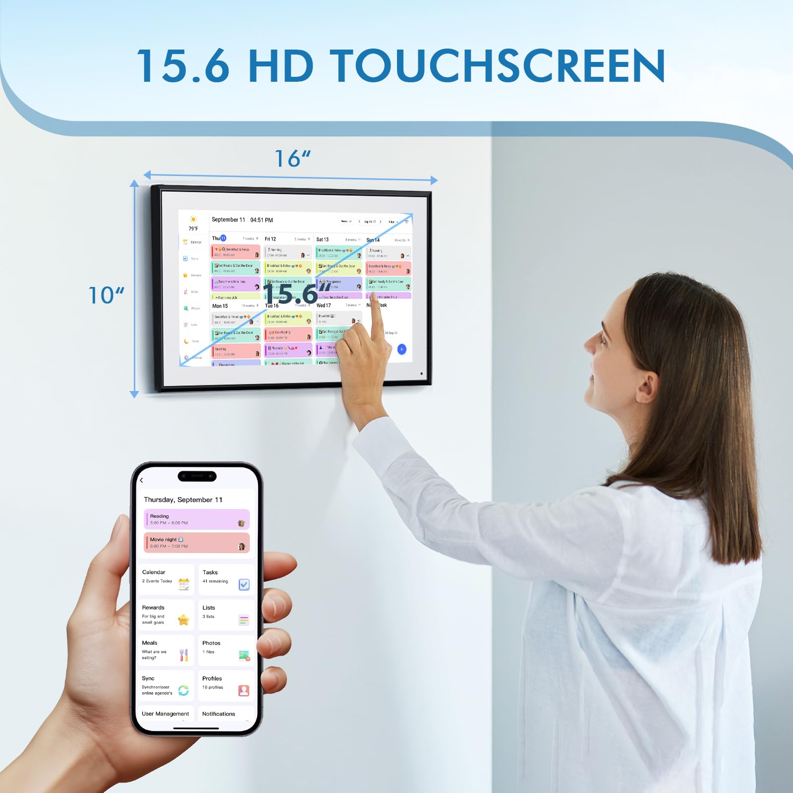 Calendar Digital 15.6 Inch Electronic Calendar&Chore Chart, 1920 * 1080P IPS Touchscreen Wall Smart Weekly and Monthly Planner For family Black Gift for mother mom women