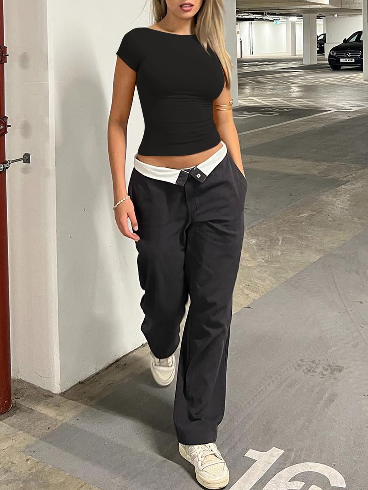 REORIA Women's Casual Boatneck Cap Sleeve Basic Tank Tops Cute Spring Summer Going Out Fashion Y2K Crop Tops Outfits (Black Medium)