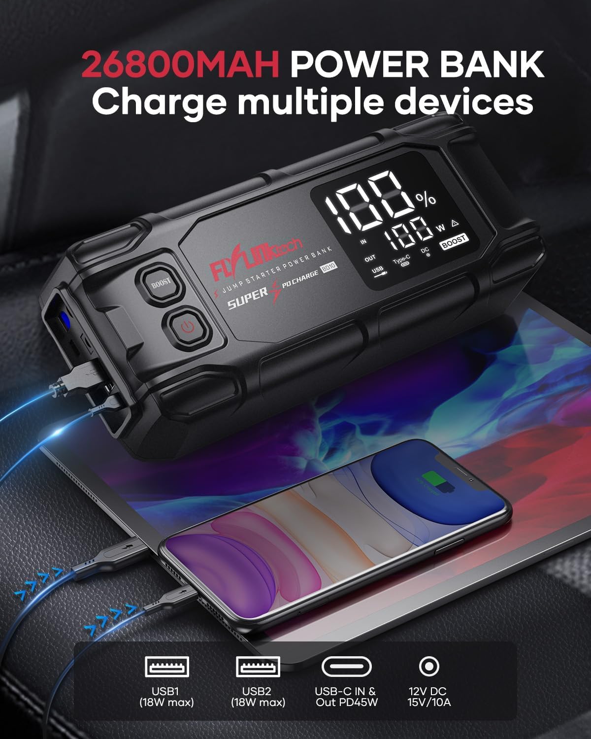 FLYLINKTECH Car Battery Jump Starter, 6000A Peak 26800mAh Jump Start Battery Pack(for All Gas or up to 12L Diesel),12V Jump Box with PD45W Fast Charging and LED Light