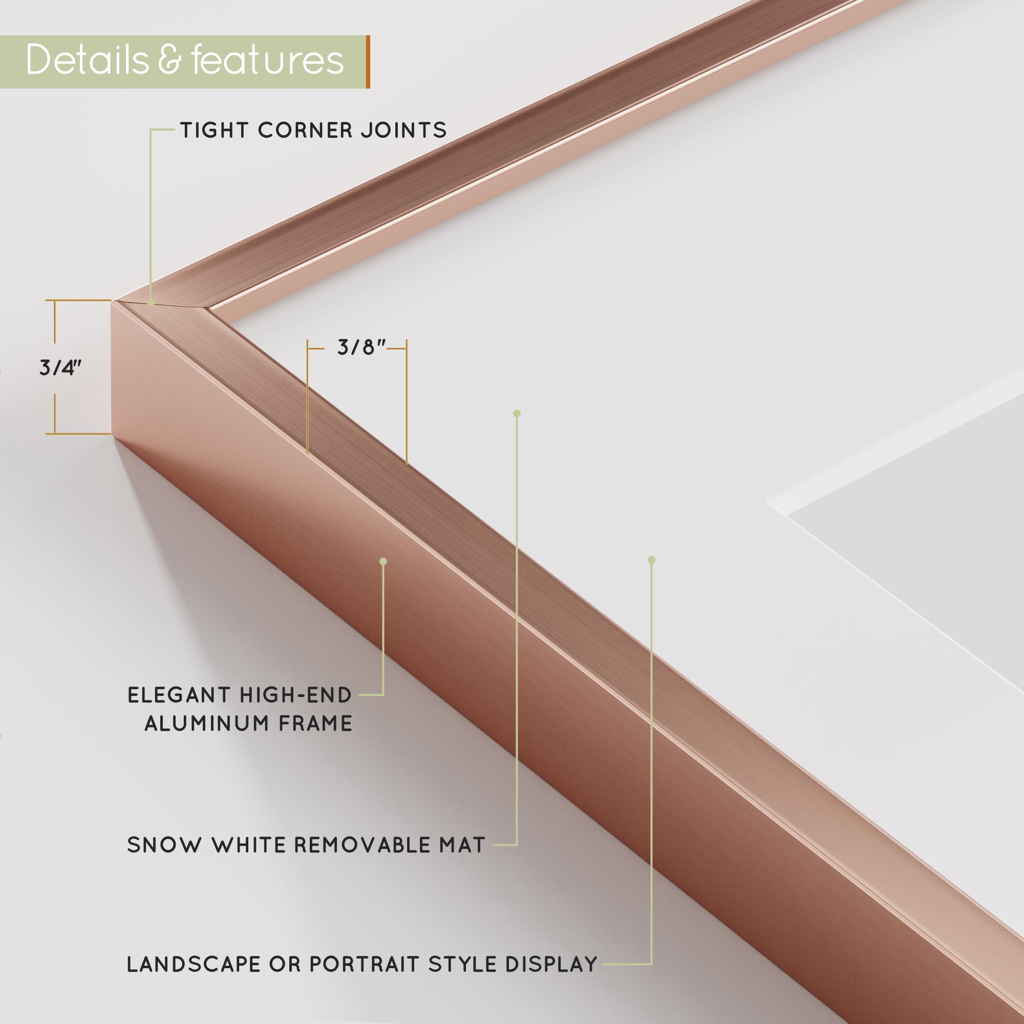 Homeforia - 12x16 inch Metal Picture Frame - 12 x 16 Aluminum Photo Frames - 12x9 Mat - Tempered Glass - Wall Hook Included - Set of 1 - Rose Gold