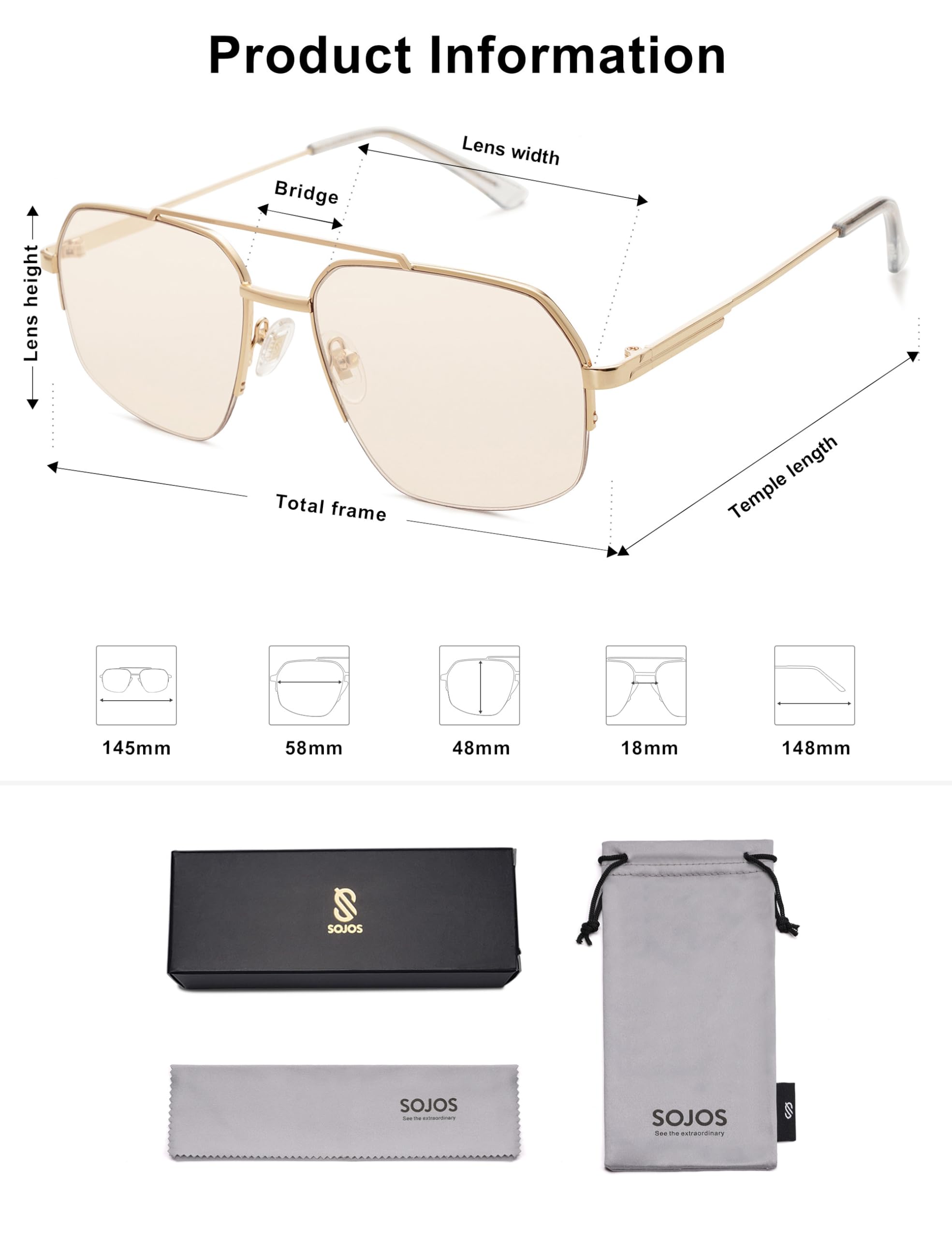 SOJOS Trendy Aviator Sunglasses Mens Womens Retro Double Bridge Metal Frame Semi-Rimless Shades Lentes De Sol Para Mujer SJ1191 Metallic