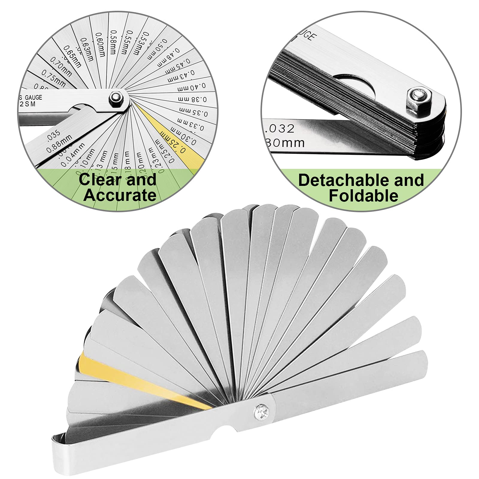Spurtar 32 Blades Feeler Gauges 0.0015-0.035'' (0.04-0.88 mm) Stainless Steel Feeler Gauge Set SAE/Metric Feeler Gauge for Measuring Gap Width and Thickness for Guitar, Spark Plug, Piston Measure