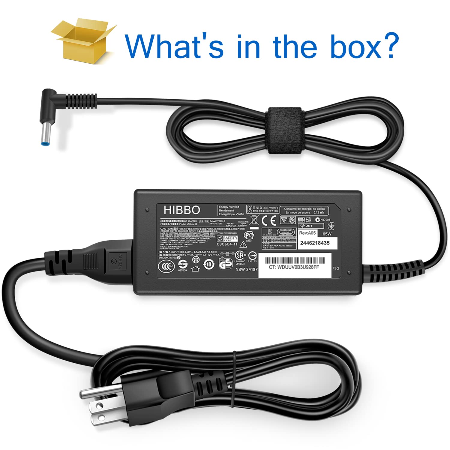 Charger Compatible with HP Laptop Computer 65W 45W Smart Blue Tip Power Adapter