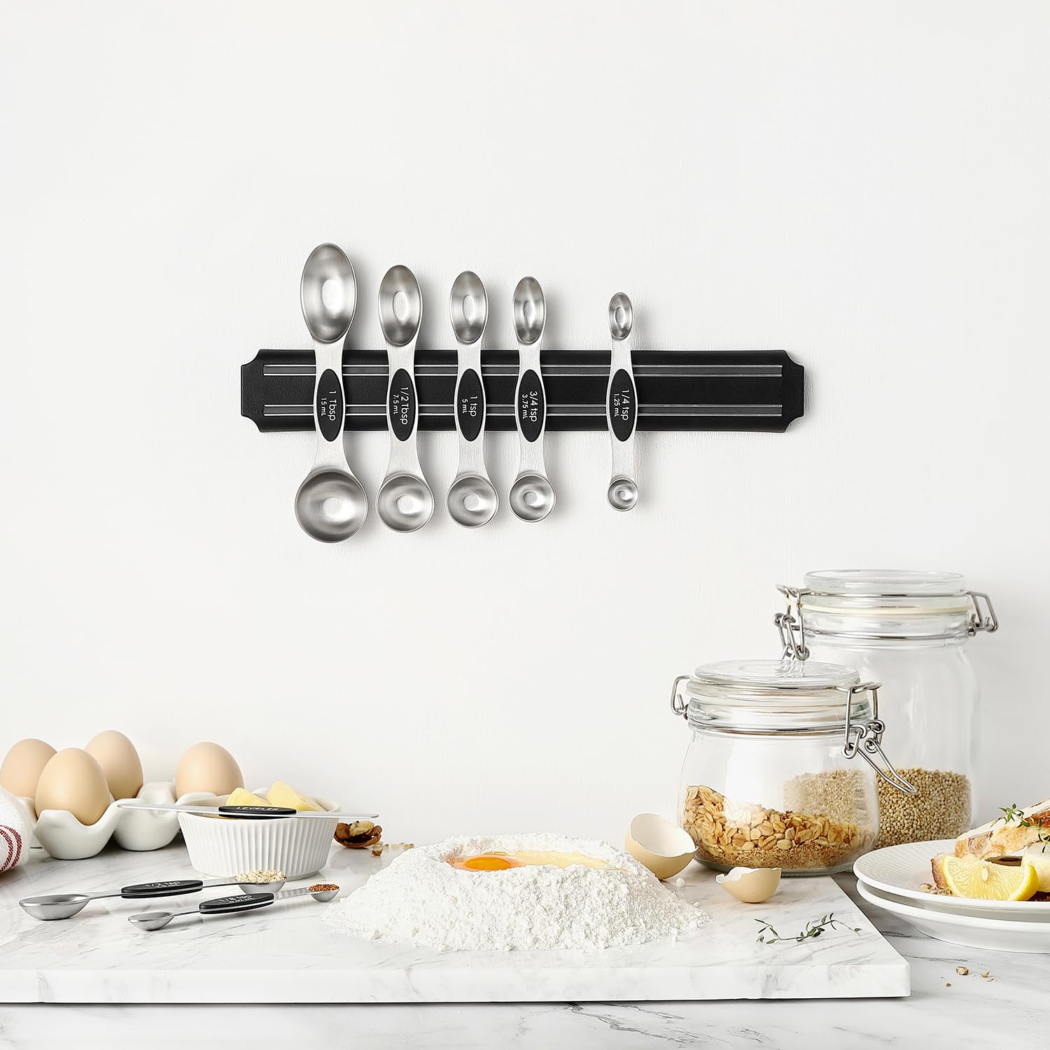 Spring Chef Stainless Steel Magnetic Measuring Spoons Set with Strong N45 Magnets, Heavy Duty Metal Kitchen Gadgets for Baking & Cooking, Fits in Most Kitchen Spice Jars, Set of 8 with Leveler, Black