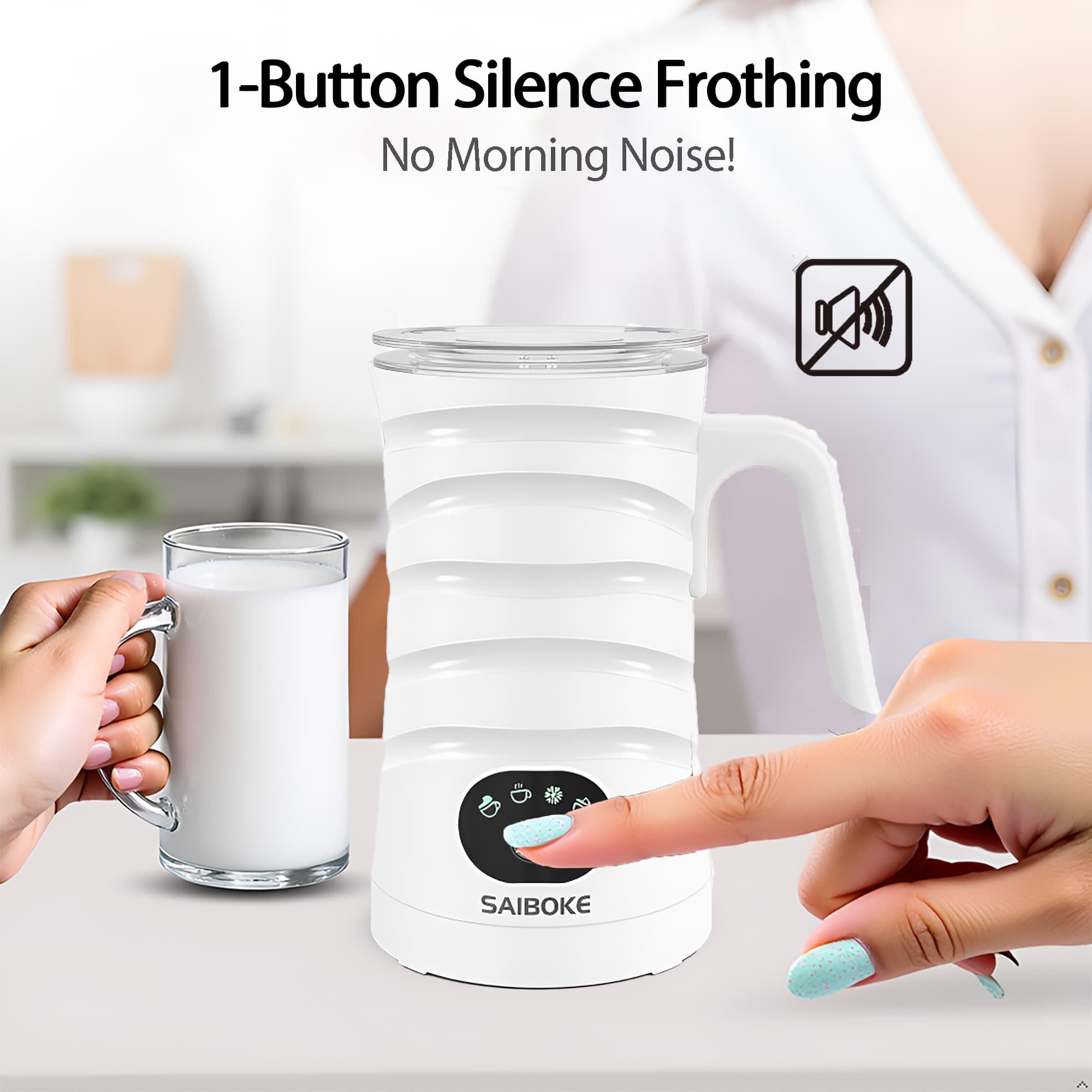 Milk Frother, SAIBOKE 4-in-1 Electric Milk Steamer,Automatic Hot & Cold Foam Maker, 11.80oz/350ml Milk Warmer for Latte, Cappuccinos, Macchiato. Ultra-Quiet Working & Automatic Shut Off.