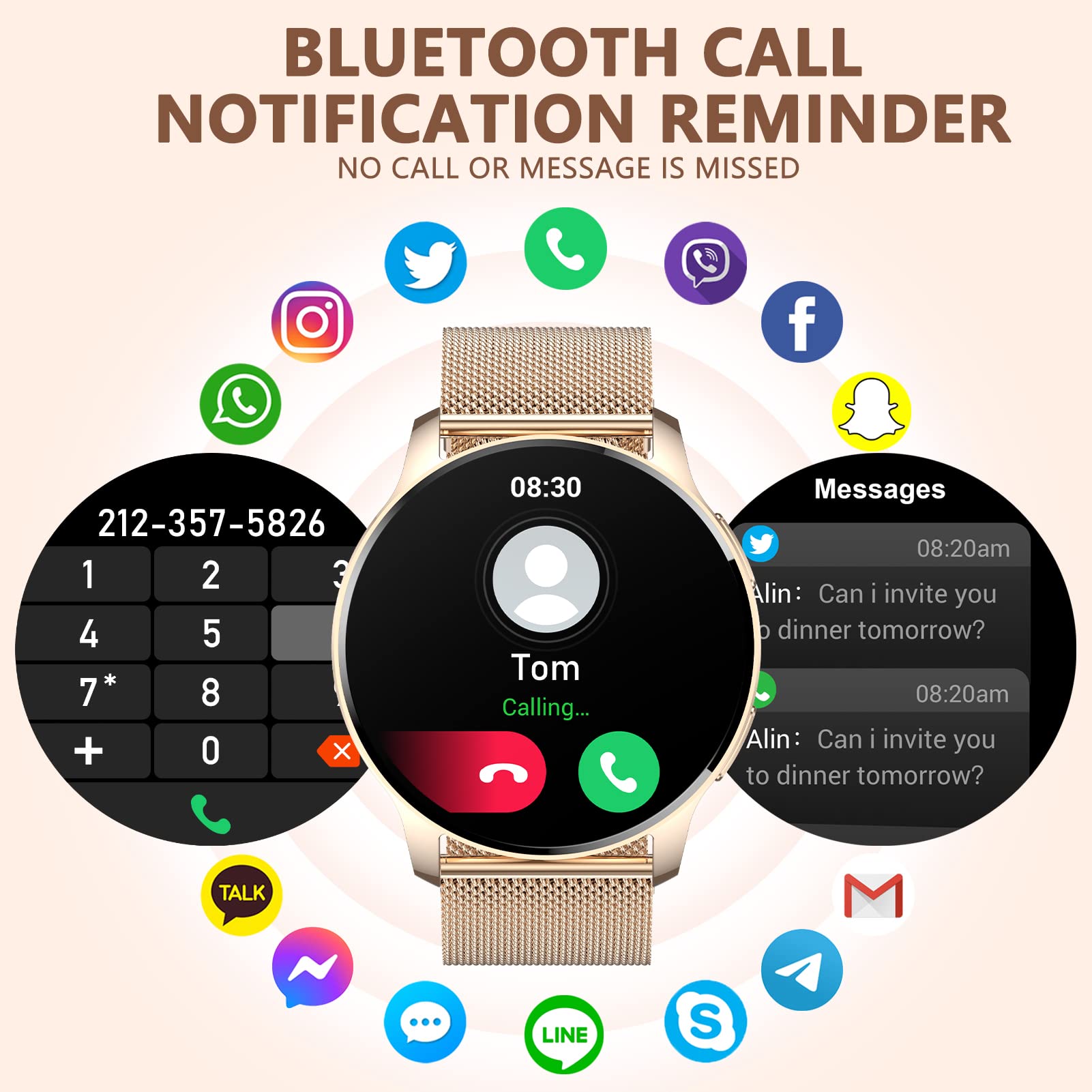 Erkwei Smart Watches for Women(Make/Answer Call) Smartwatch for iOS Android Phones Fitness Tracker with Heart Rate Sleep Monitor Pedometer AI Voice Control Digital Watch for Women