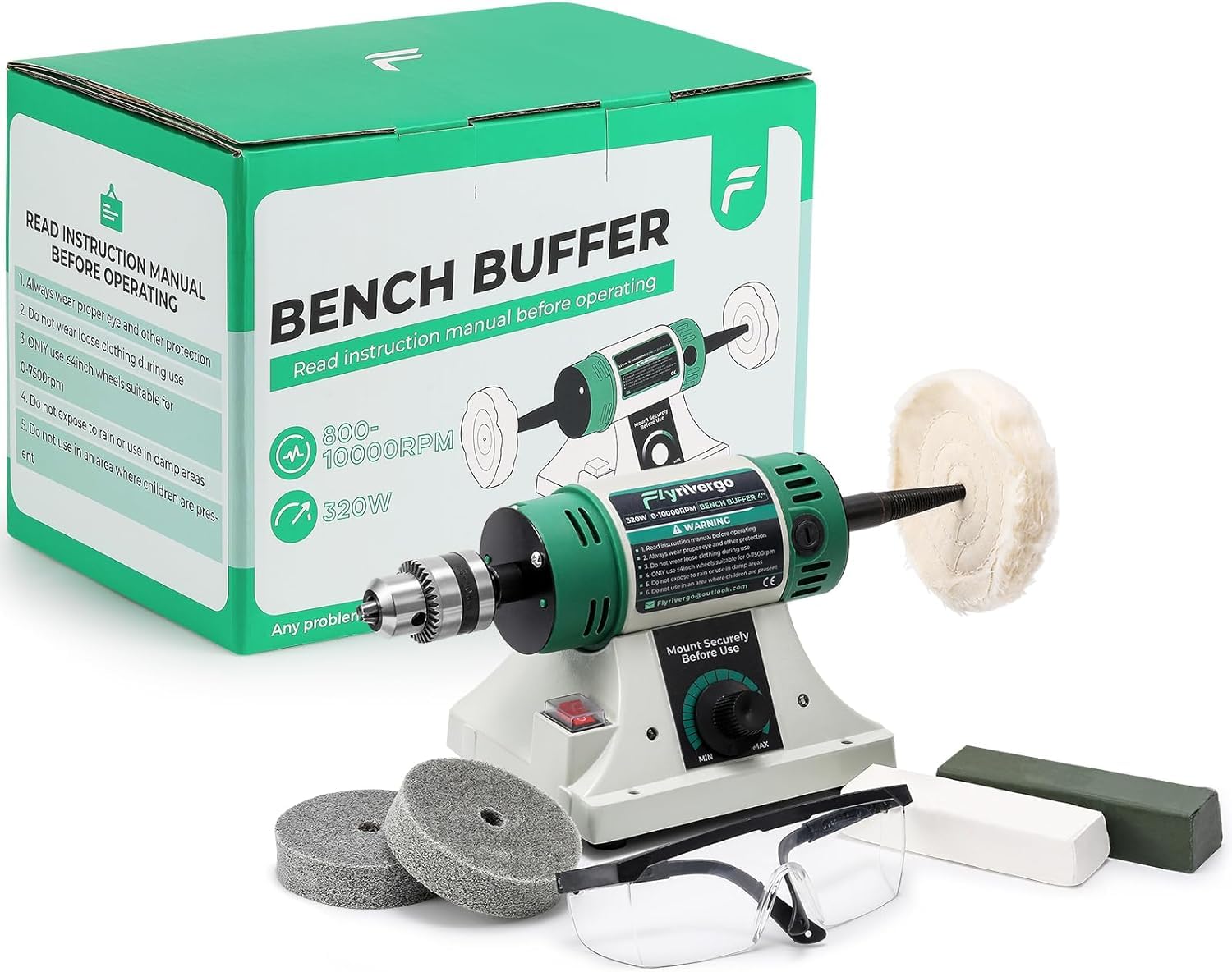 Flyrivergo Bench Buffer Polisher, Jewelry Polisher, Adjustable Variable Speed Bench Buffer, with 2 Cotton Wheels, 2 Fiber Wheels, 1 Drill Chuck and 1 Set of Polishing Buffing Wheel for Silver, Metal