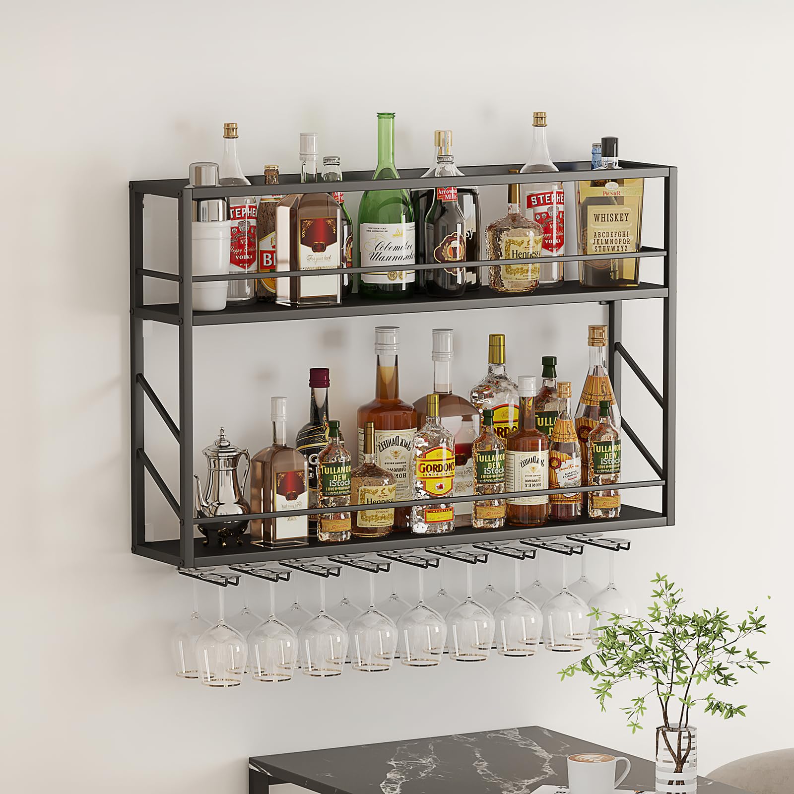 Woskar Wall Mounted Wine Rack 2 Tier, Metal Bar Liquor Shelves and Glass Holder,Wall Bar Shelf Wine Display Storage Holder for Home Bar, Dining Room, Kitchen (47.2×7.8×26in)