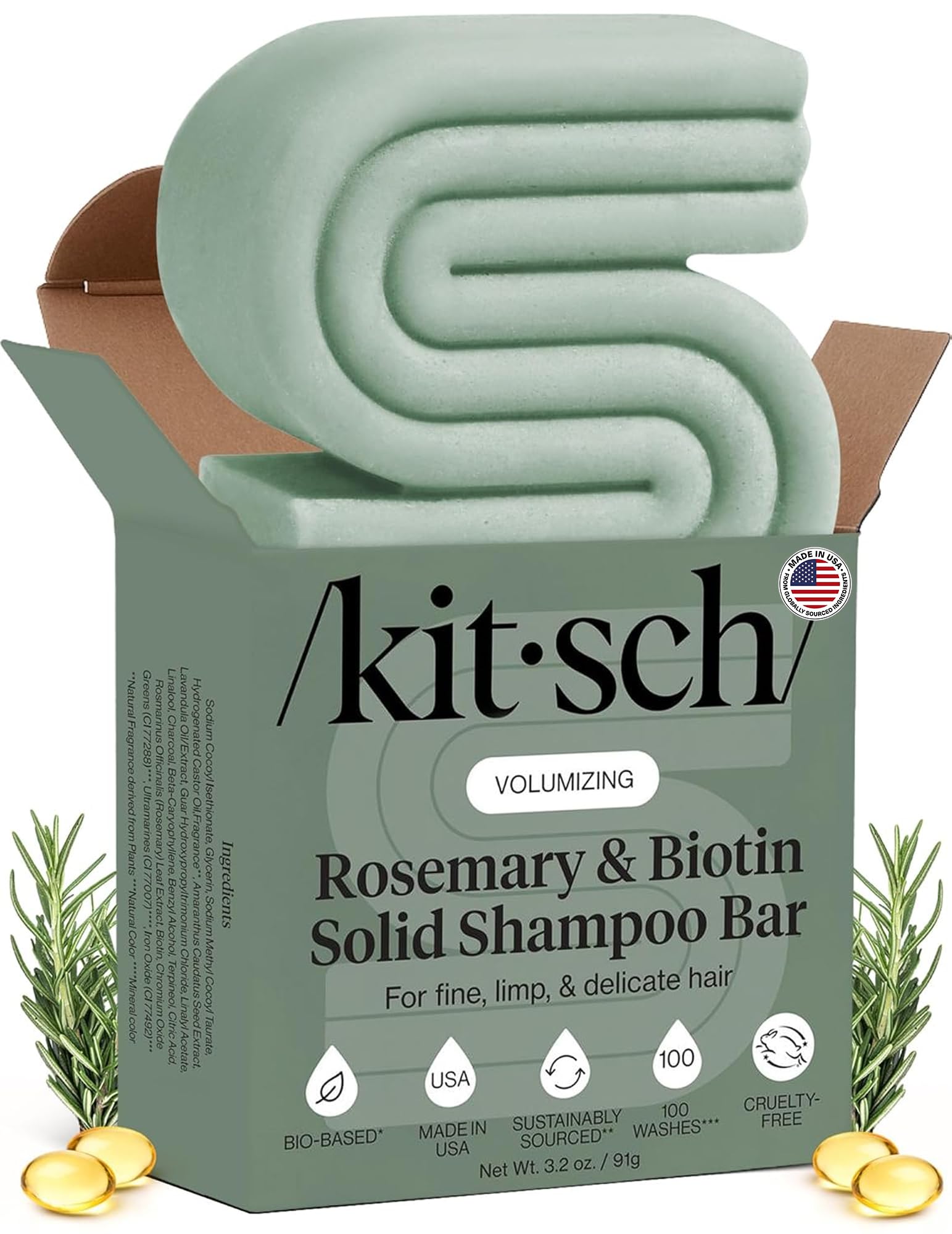 Kitsch Rosemary & Biotin Shampoo Bar - For Hair Growth, Strengthening, Thickening & Volumizing Shampoo for Women and Men - Free of Parabens, Sulfates & Silicones - Made in USA, 3.2 oz