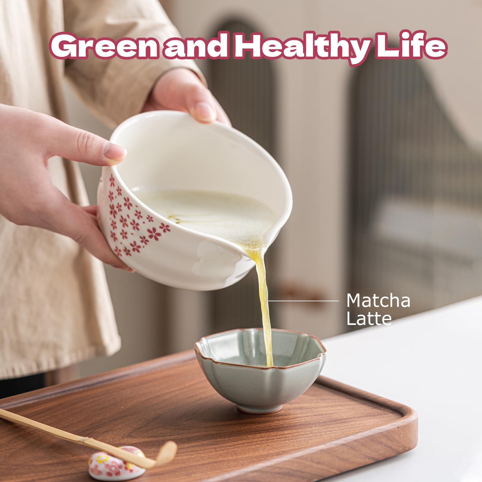 Grnstf Matcha Set 8-Piece Japanese Tea Ceremony Kit with Ceramic Bowl, Bamboo Whisk & Holder, 2 Scoops, Strainer, Tea Cloth - Complete Gift Set for Traditional Brewing(Pink-Floral Print)
