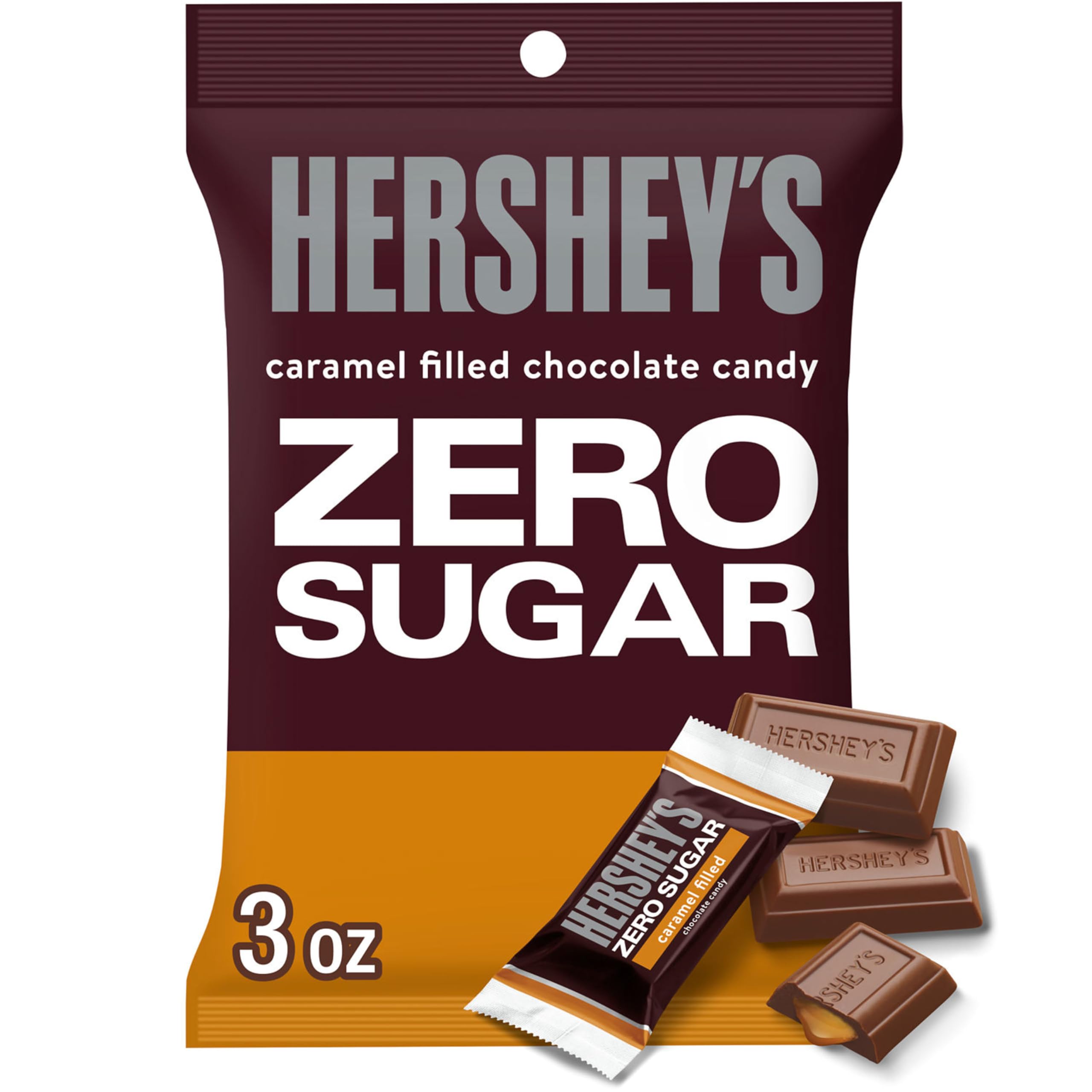 HERSHEY'S Zero Sugar Caramel Filled Chocolate Candy Bags, 3 oz (12 Count)