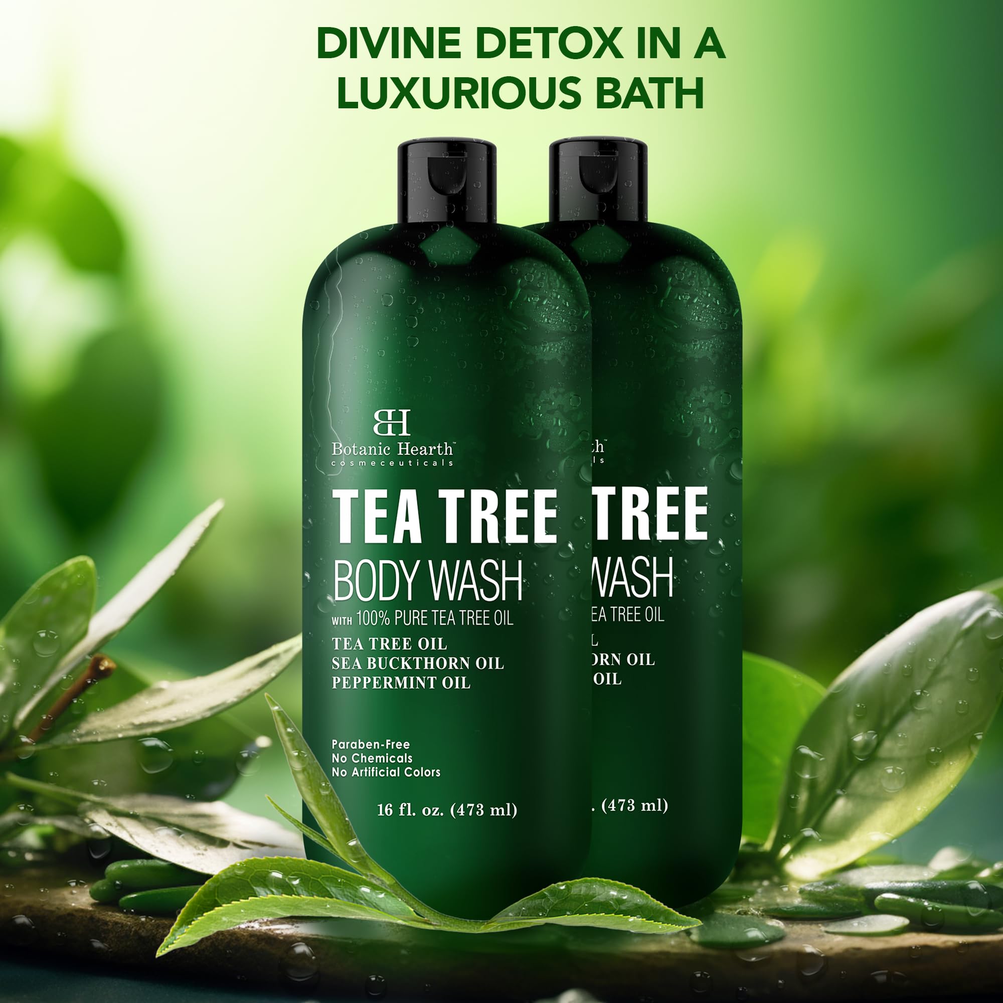 Botanic Hearth Tea Tree Body Wash with peppermint oil| for Men and Women 16 fl. oz. Pack of 2