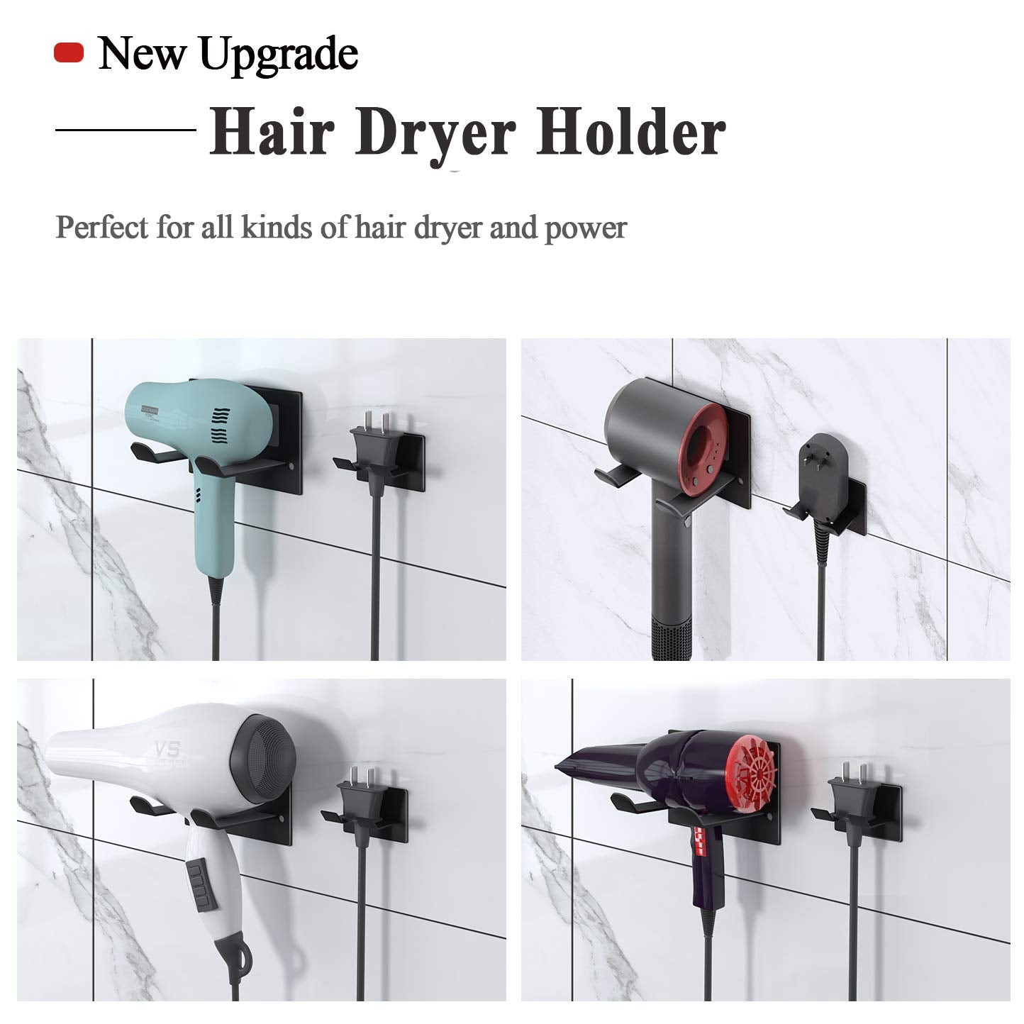 XIGOO Self Adhesive Hair Dryer Holder Wall Mounted - Adhesive Bathroom Hair Blow Dryer Rack Organizer Compatible with Supersonic Hair Dryers (Black)