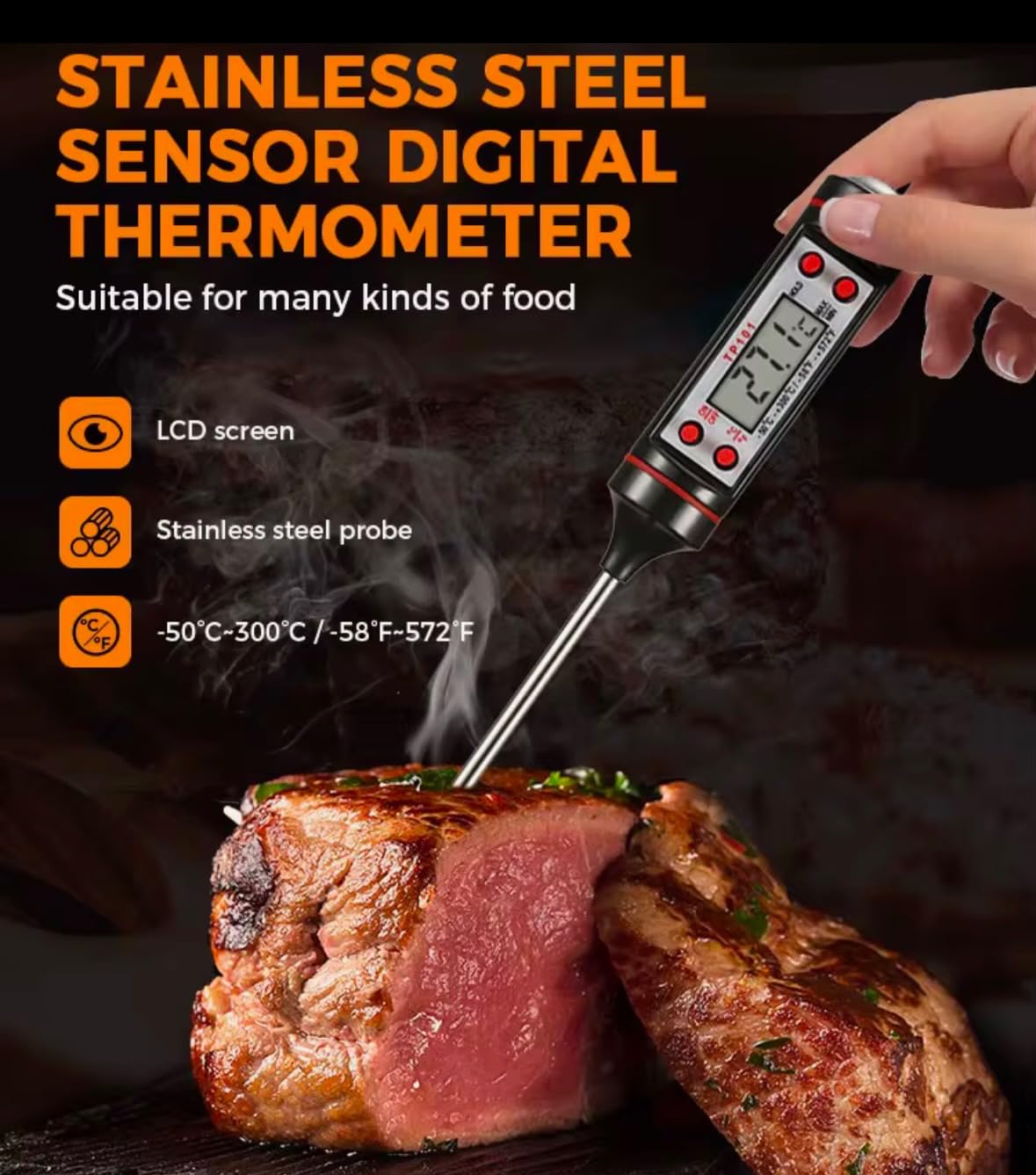 Digital Meat Thermometer – Instant Read for Grilling, Cooking, Food, Liquids – Black Stainless Steel Probe