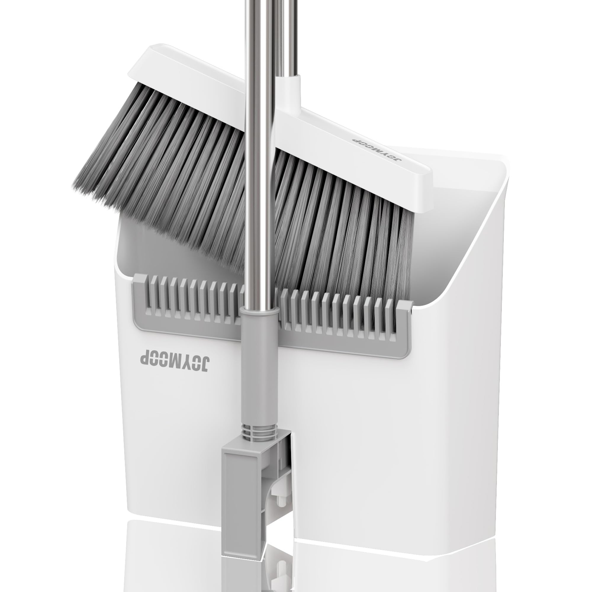 JOYMOOP White Broom and Dustpan Set, Upright Angle Design with Built-in Comb Teeth for Kitchen, Office, Pet Hair, Hard Floors
