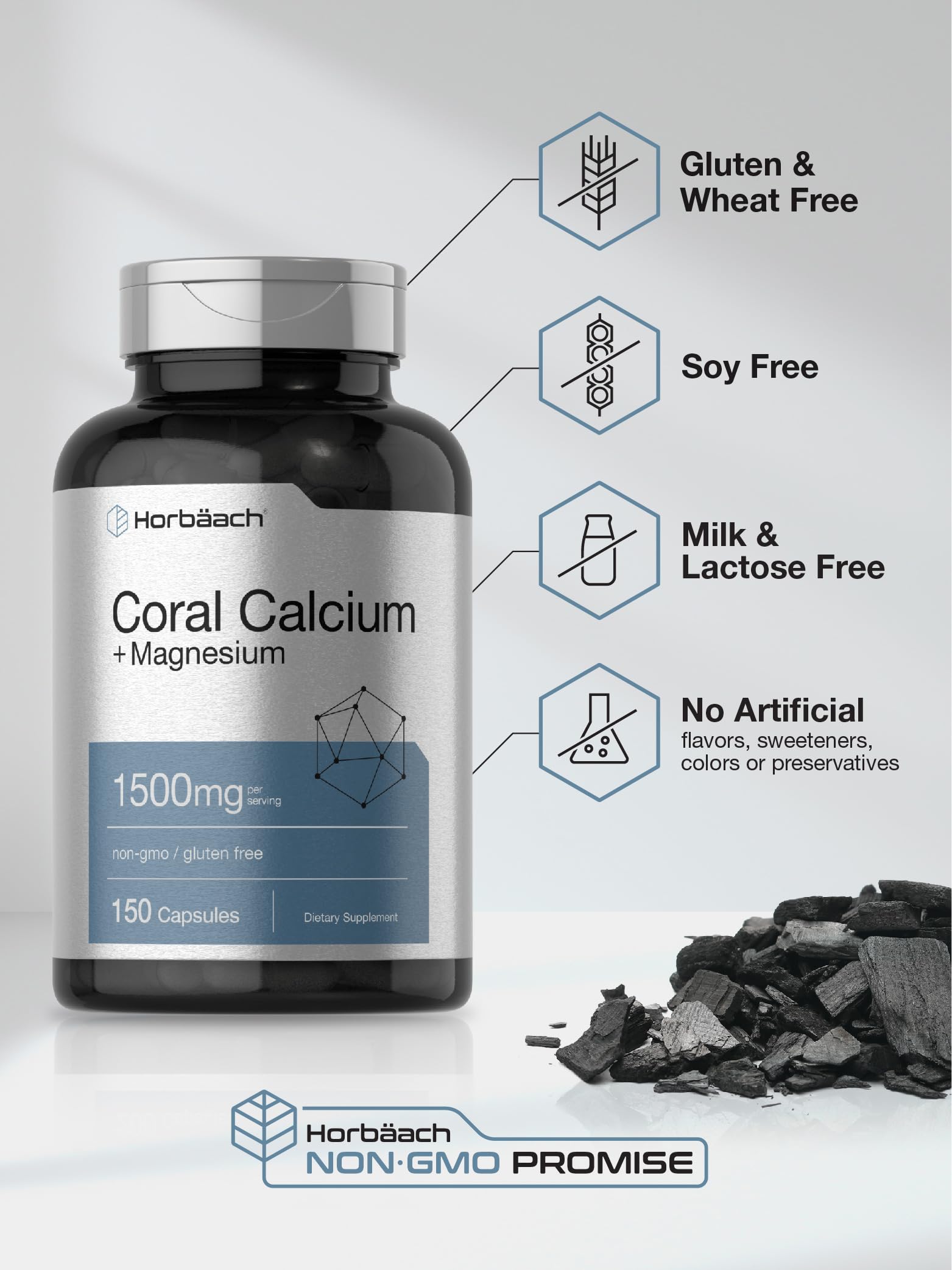 Horbäach Coral Calcium 1500mg 150 Capsules | Plus Magnesium | Non-GMO, Gluten Free Supplement