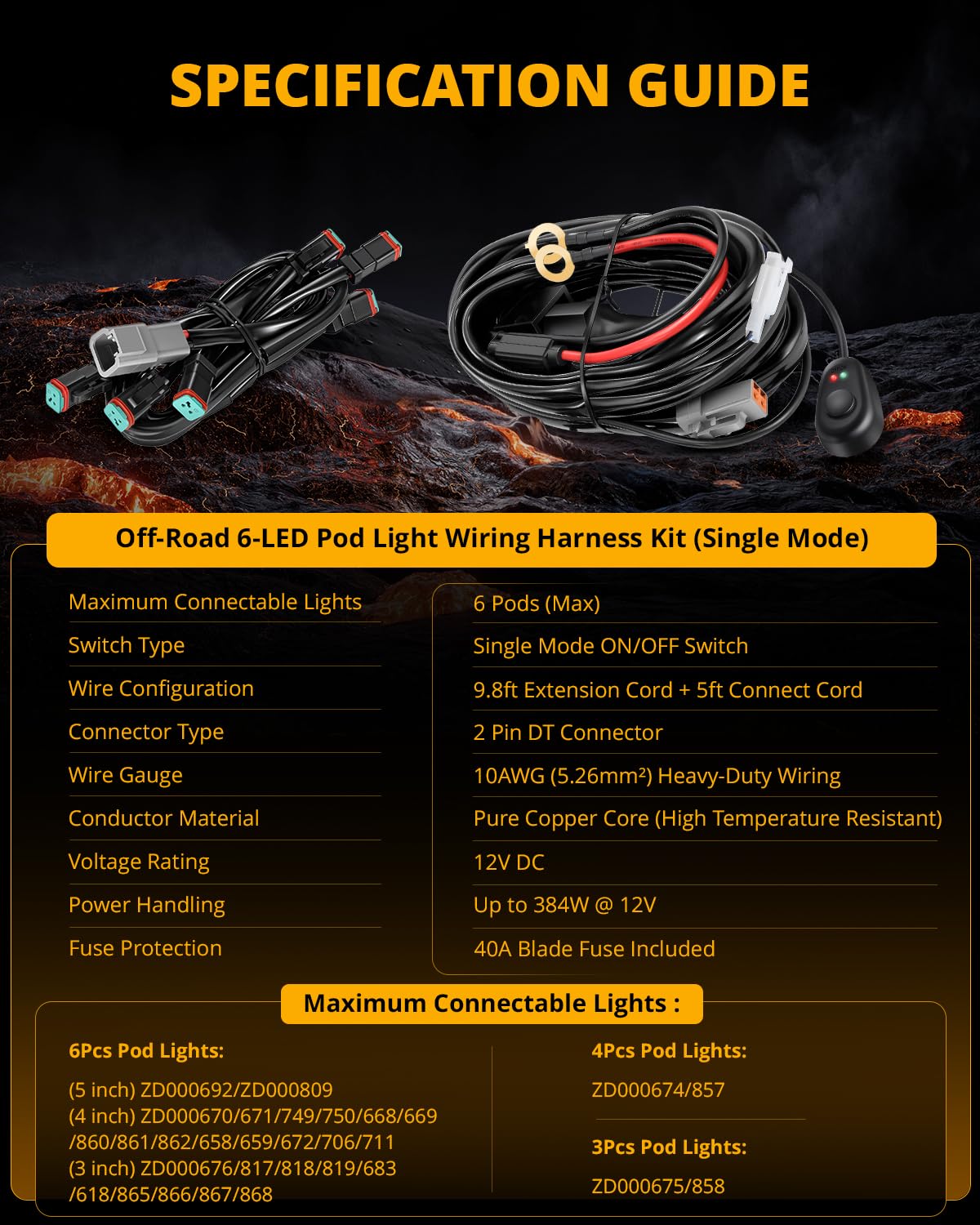 Auxbeam Led Pods Led Offroad Light Wiring Harness Kit 6 Leads, On Off Waterproof Switch Heavy Duty 12V Power Relay, Extension Wiring Harness 40A Blade Fuse 2PIN DT Plug