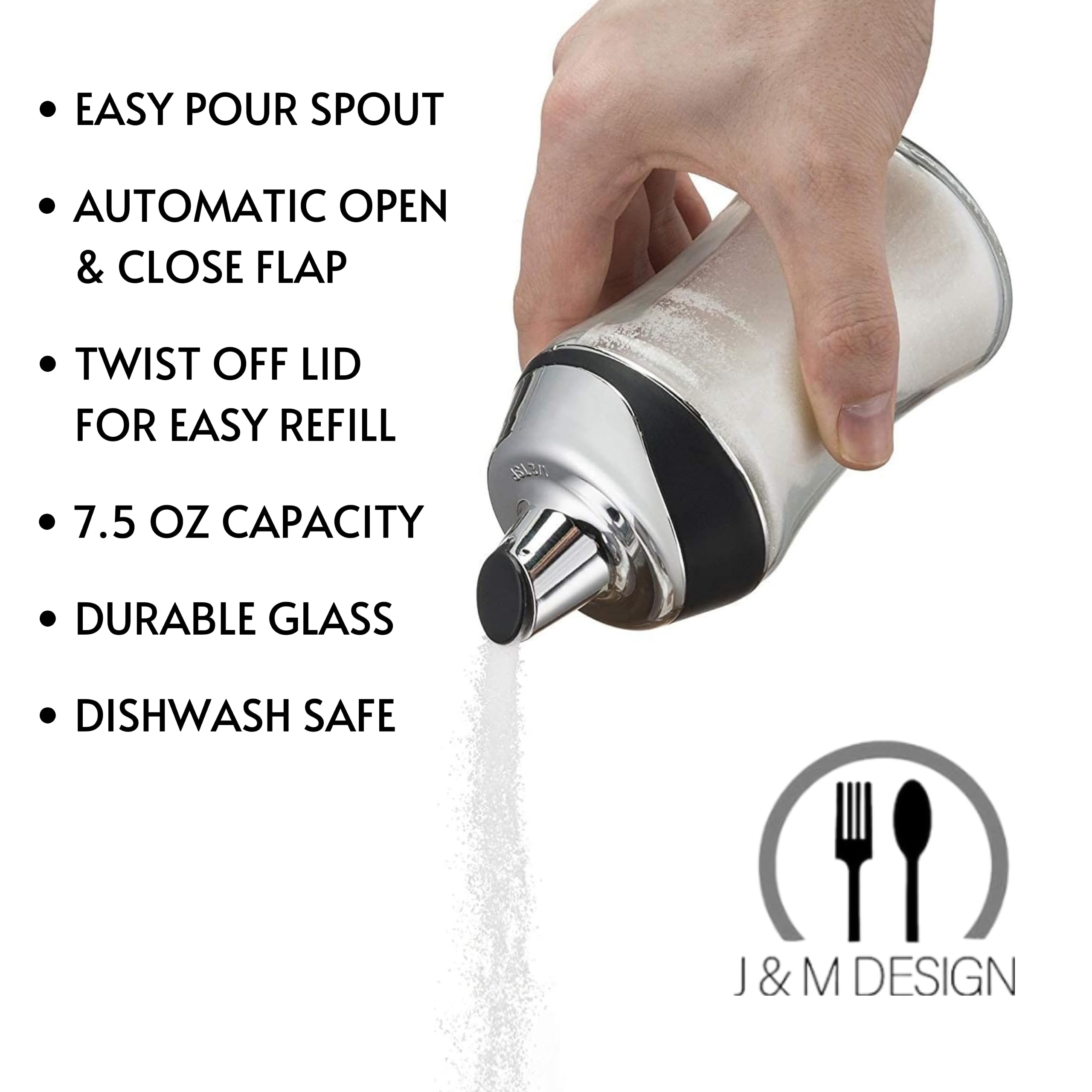 J&M DESIGN Sugar Dispenser with Pour Spout - 7.5oz Glass Jar, Chrome Twist Off Cap - Coffee Bar Accessories, Baking Supplies Organizer, Powdered Creamer Container
