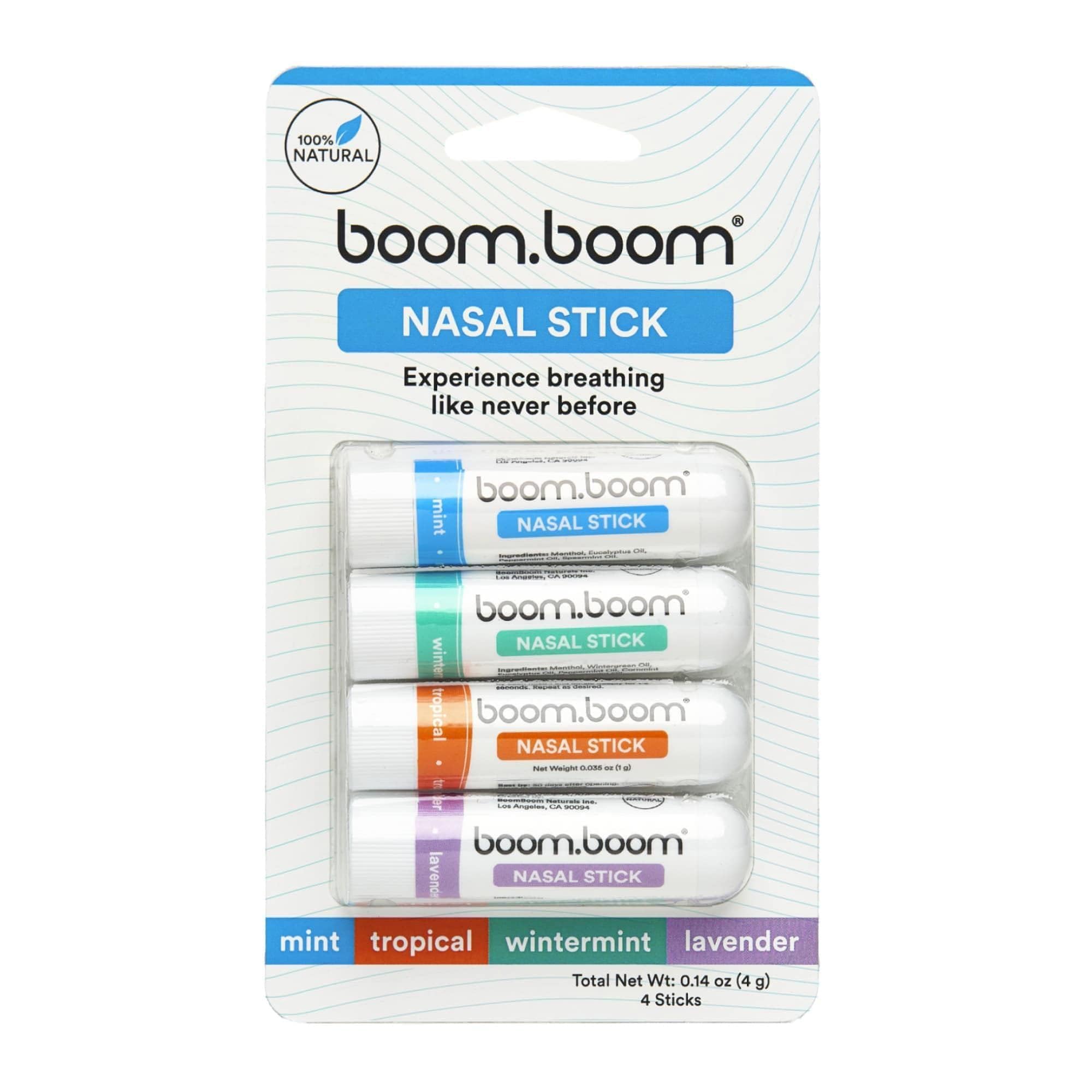 BoomBoom Nasal Stick (4 Pack) | Boosts Focus + Enhances Breathing | Provides Fresh Cooling Sensation | Aromatherapy Inhaler Made with Essential Oils + Menthol (Mint, Wintermint, Tropical, Lavender)