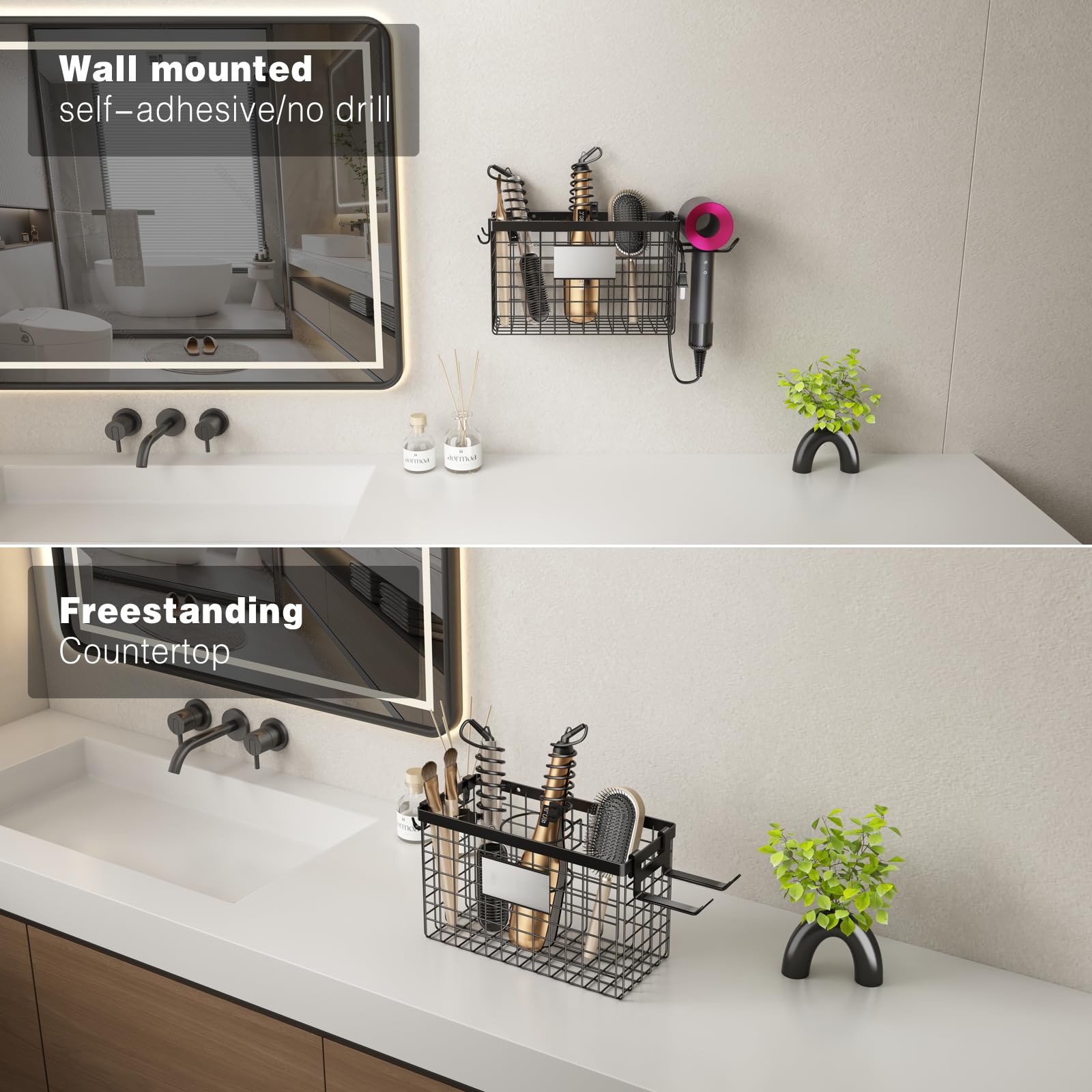 Voldra Hair Dryer Holder Cabinet Door, Adhesive Hair Tool Organizer Wall Mount Adjustable Height Blow Dryer Holder Under Sink/Countertop for Flat Curling Iron, Hair Brush and Straightener (1, Black)