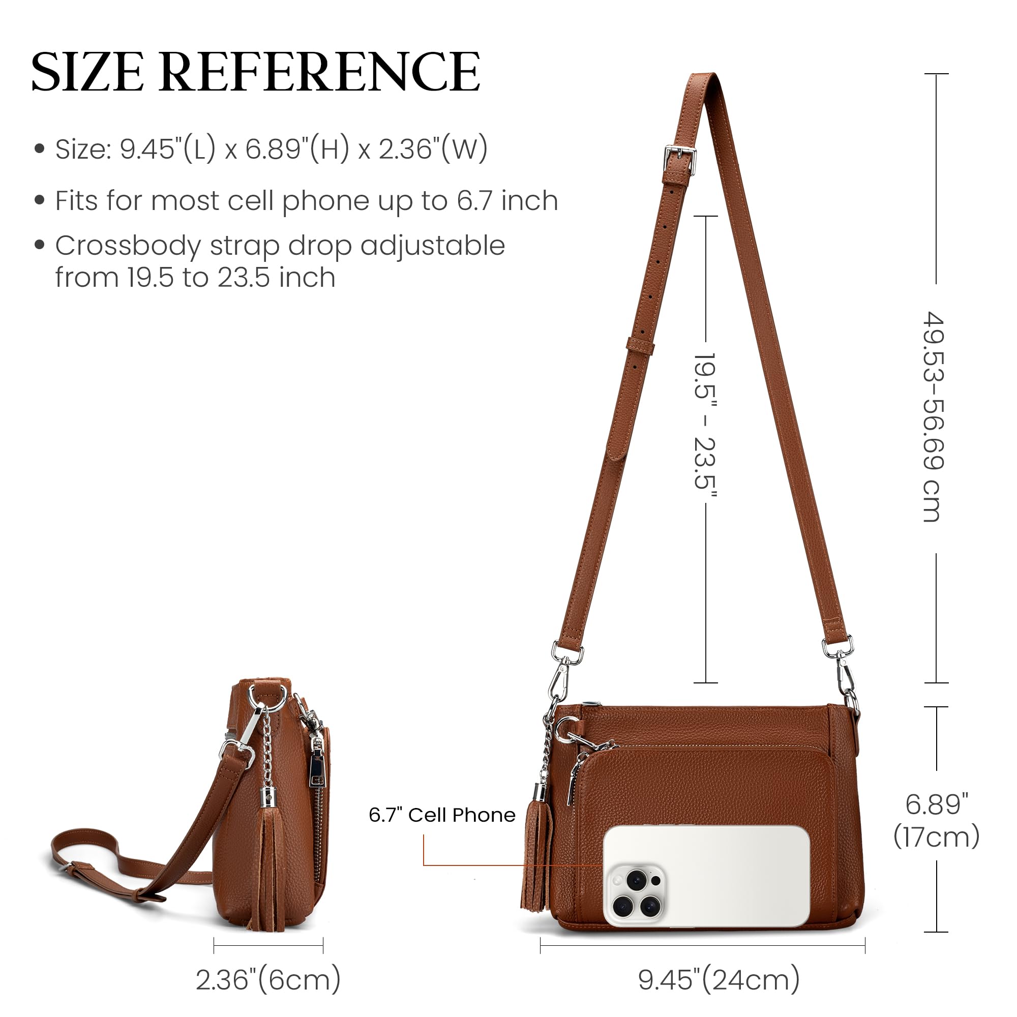 befen Genuine Leather Crossbody Bags for Women, Brown Leather Purse with Built in Wallet, RFID Blocking Anti Theft Crossbody Bags for Women, Travel Purse with Removable and Adjustable Strap