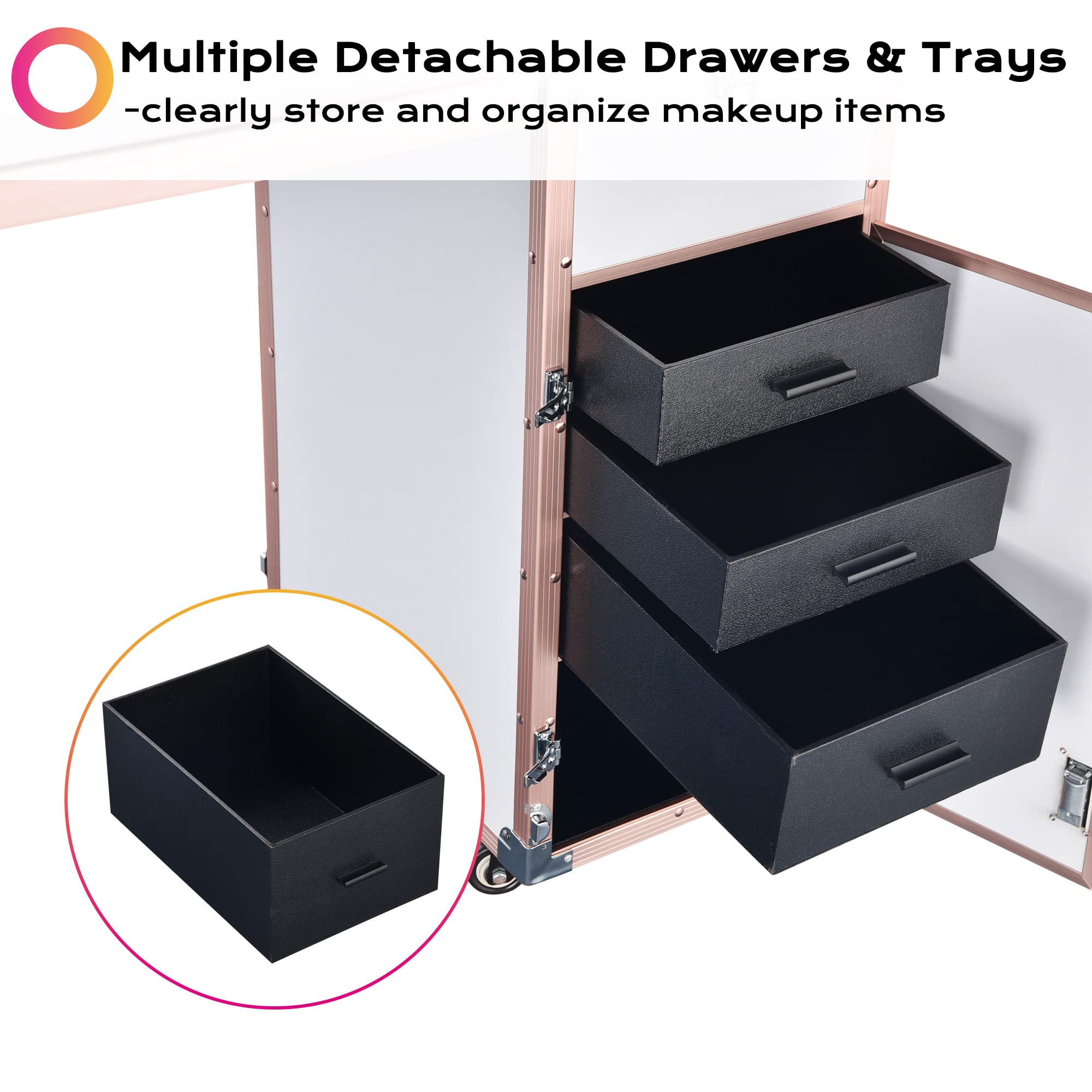 BYOOTIQUE Rolling Manicure Table Foldable Nail Salon Station Makeup Train Case Cosmetic Trolley Travel Storage Organizer with 4 Drawers Mirror & Speaker for Technician Workstation, Rose Gold