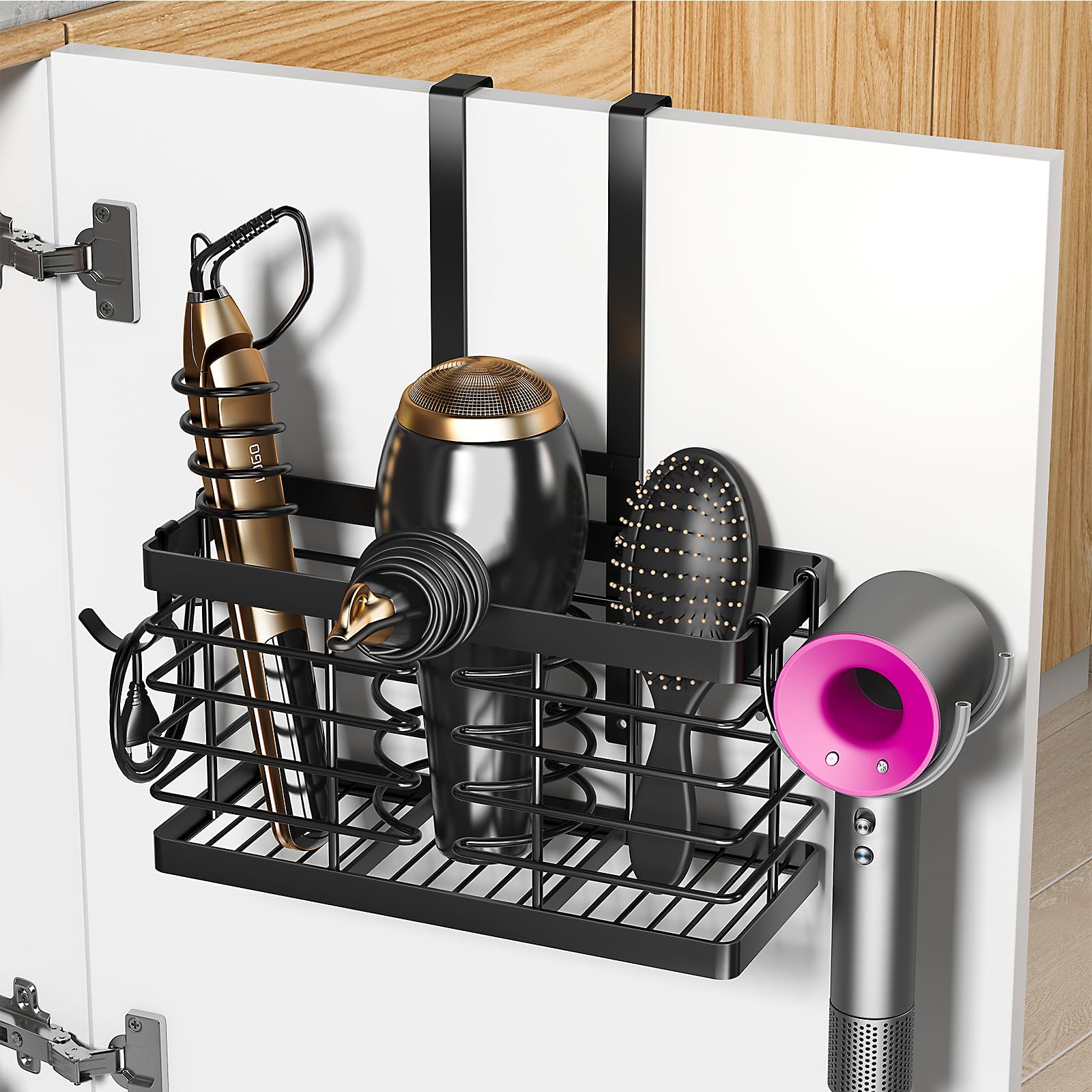 Sevenblue Hair Tool Organizer, 3-in-1 Universal Hair Dryer Holder, Adjustable Height Metal Blow Dryer Holder Wall Mounted/Over Cabinet Door/Free-Standing (Black)