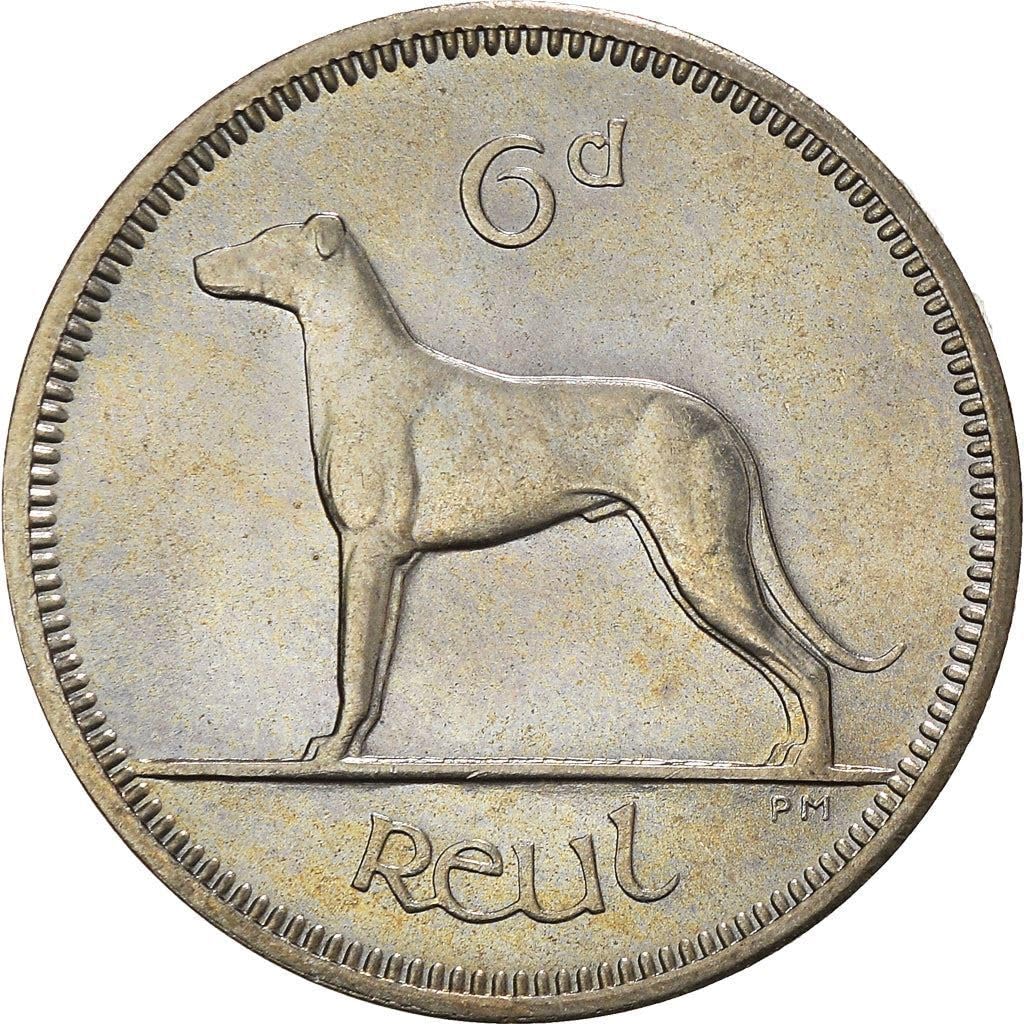 1942-1969 Irish Sixpence Coin, Legendary Wolfhound And Irish Harp Motifs. "Six Pence In Her Shoe" Wedding Tradition Coin. Sixpence Graded By Seller Circulated/Worn Condition