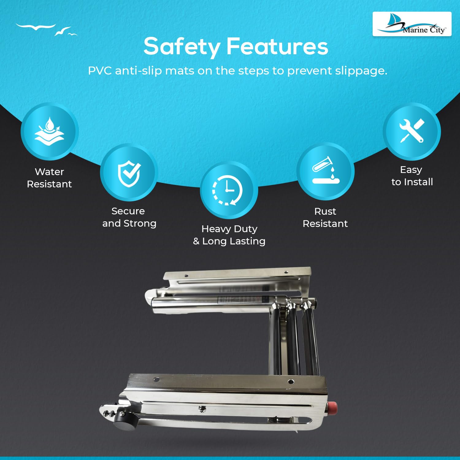 MARINE CITY 304 Stainless Steel Telescoping 3 Step Under Slide Boarding Boat Ladder with Swim Platform Mount - Swiveling, Flips Up - Ideal for Marines, Boats, Yachts, and Pontoons