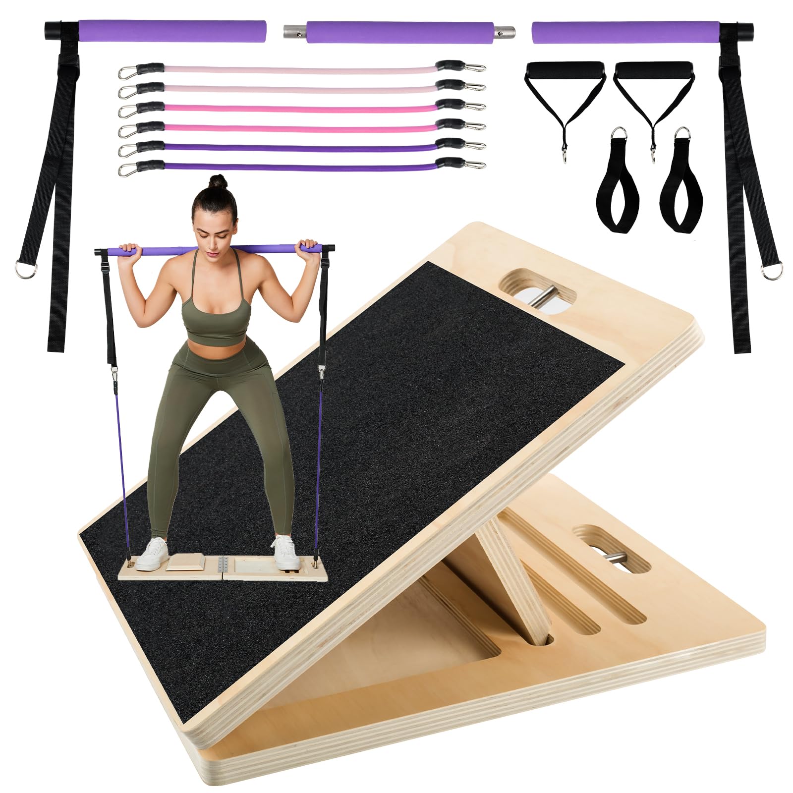 Professional Wooden Slant Board, Adjustable Incline Board and Calf Stretcher, Stretch Board,Multifunctional Yoga Pilates Bar Kit with Adjustment Buckle and Resistance Bands,Home Gym Resistance Bar Kit