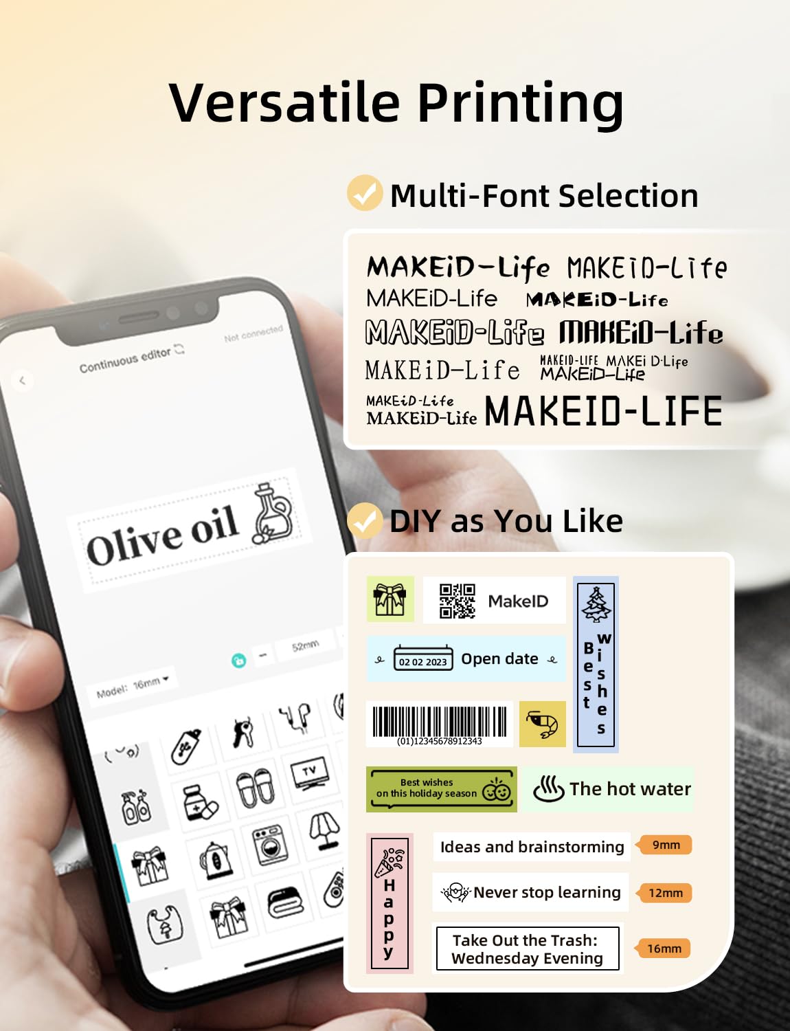 Makeid L1 HD Label Maker Machine with Tape - Portable & Rechargeable Label Makers Compatible with 9/12/16mm Waterproof Tape - Mini Bluetooth Labeler for Organizing Office Home School - 300DPI