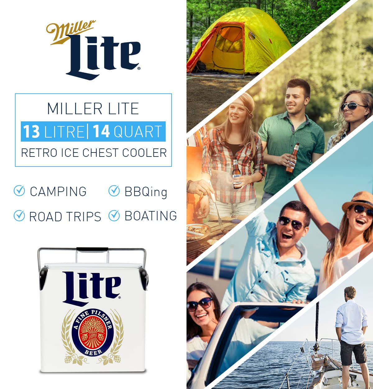 Miller Lite Retro Ice Chest Cooler with Bottle Opener 13L (14 qt), 18 Can Capacity, Blue and Red, Vintage Style Ice Bucket for Camping, Beach, Picnic, RV, BBQs, Tailgating, Fishing