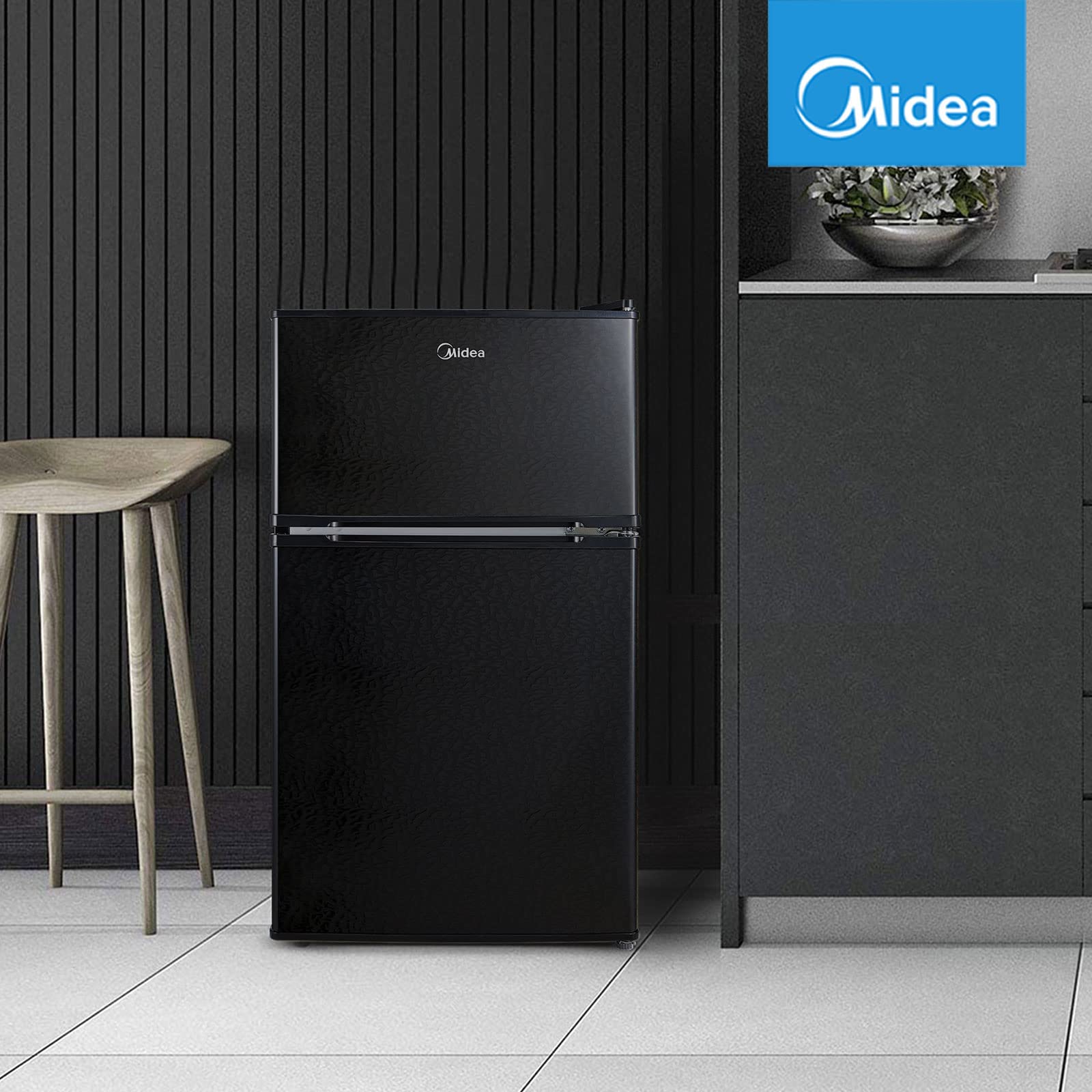 Midea WHD-113FB1 Double Door Mini Fridge with Freezer for Bedroom Office or Dorm with Adjustable Remove Glass Shelves Compact Refrigerator, 3.1 cu ft, Black