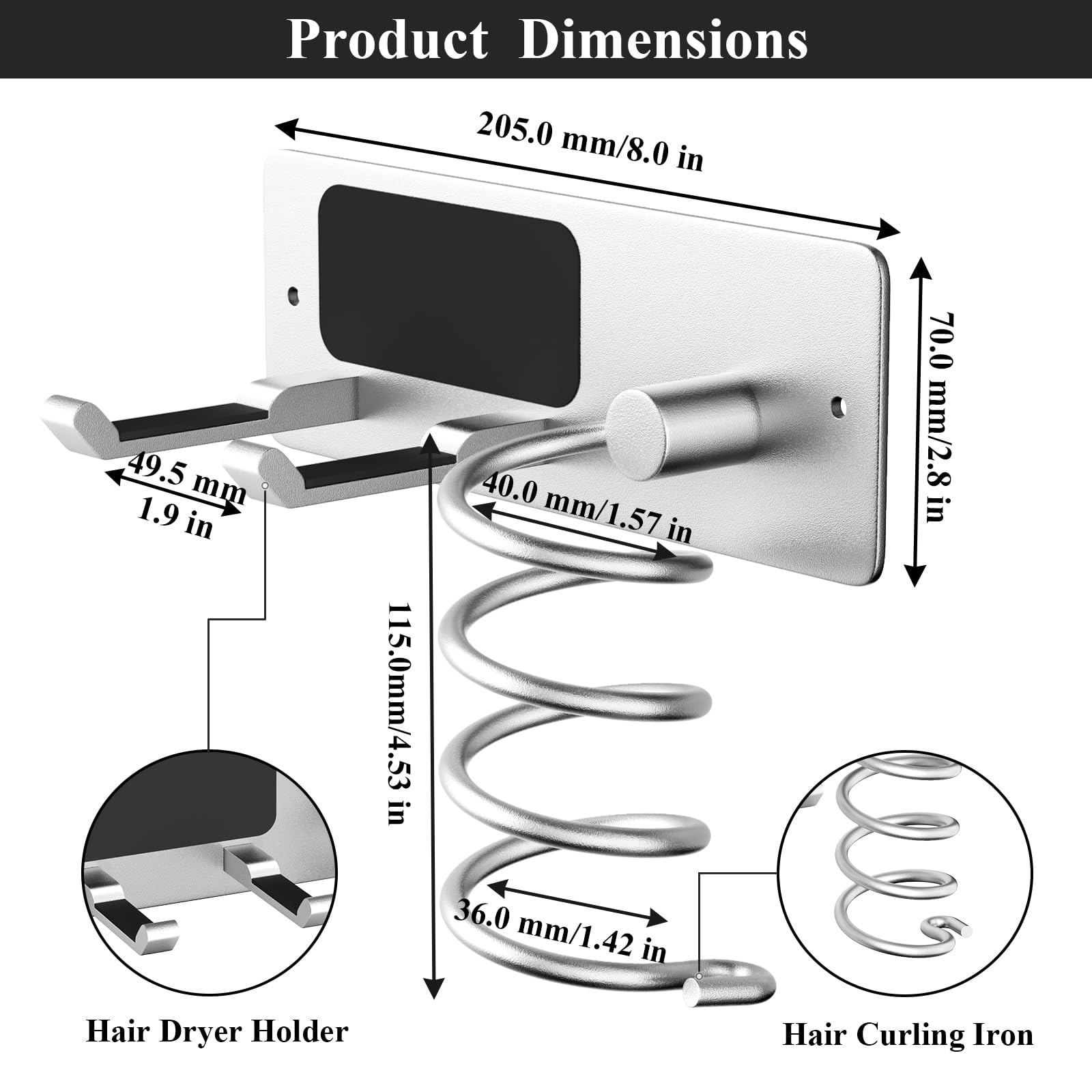 Tindbea Hair Dryer Holder + Curling Iron Holder,Blow Dryer Holder Wall Mount, Bathroom Hair Tool Organizer Rack for Universal Dryer Silver Color
