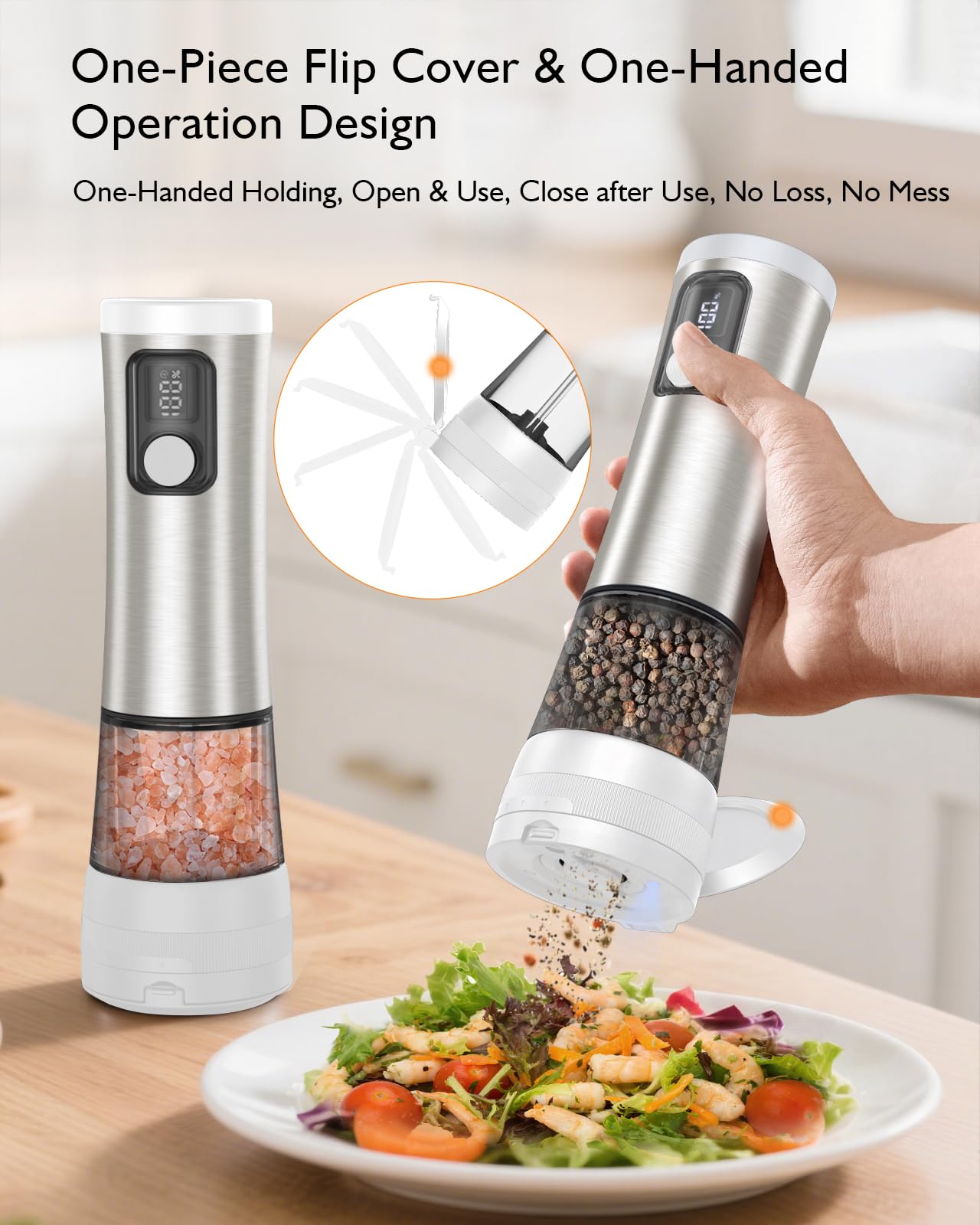 Electric Salt and Pepper Grinder Set, Upgraded 2-Speed Setting, External 5 Adjustable Coarseness, Battery Display Rechargeable Base, Stainless Steel Automatic Salt & Pepper Shaker Mill with LED, White