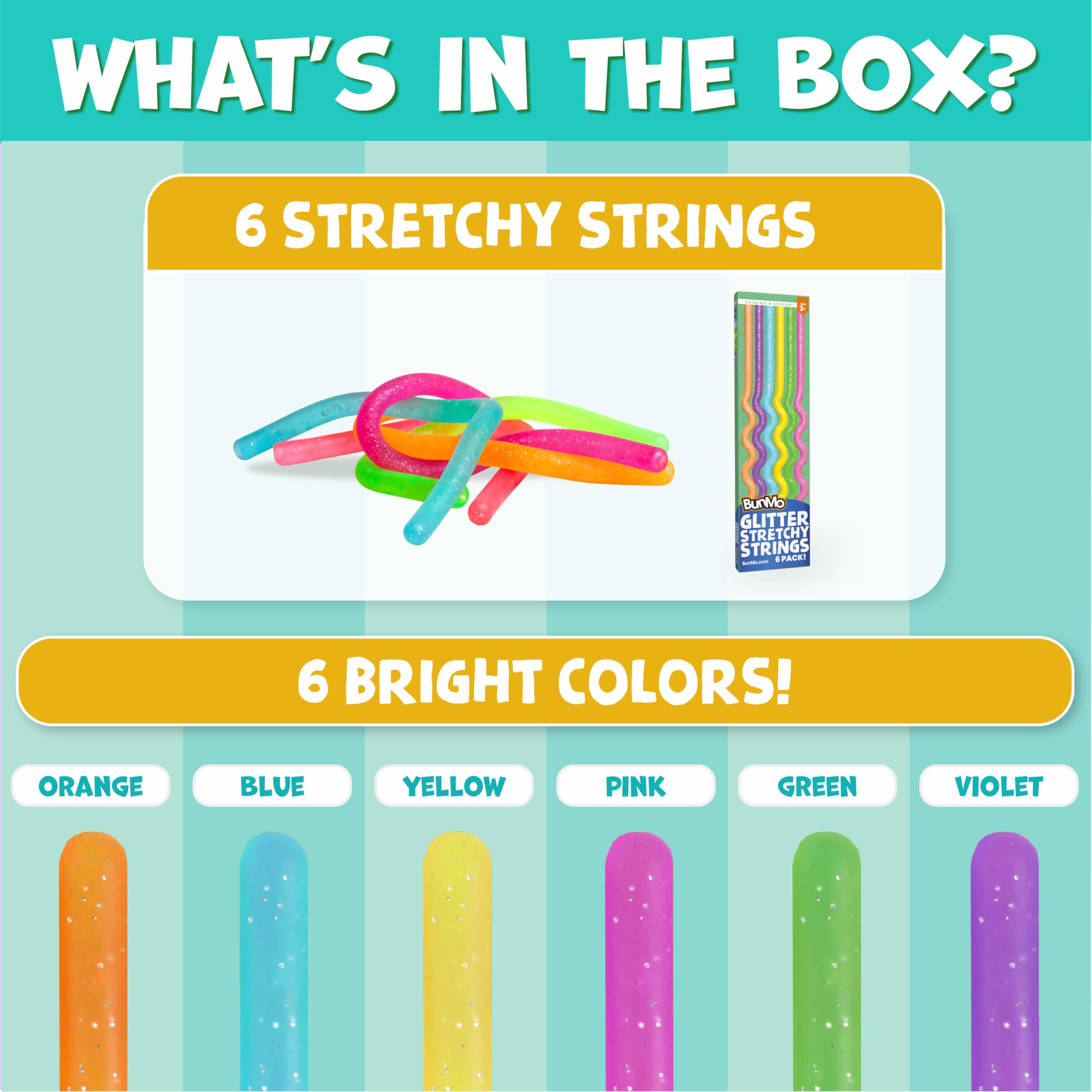 BUNMO Stocking Stuffers for Kids - Stretchy Strings - Sensory Toys - Original - 6 Pack and Stocking Stuffers for Kids - Stretchy Sensory Strings - Glitter - 6 Pack