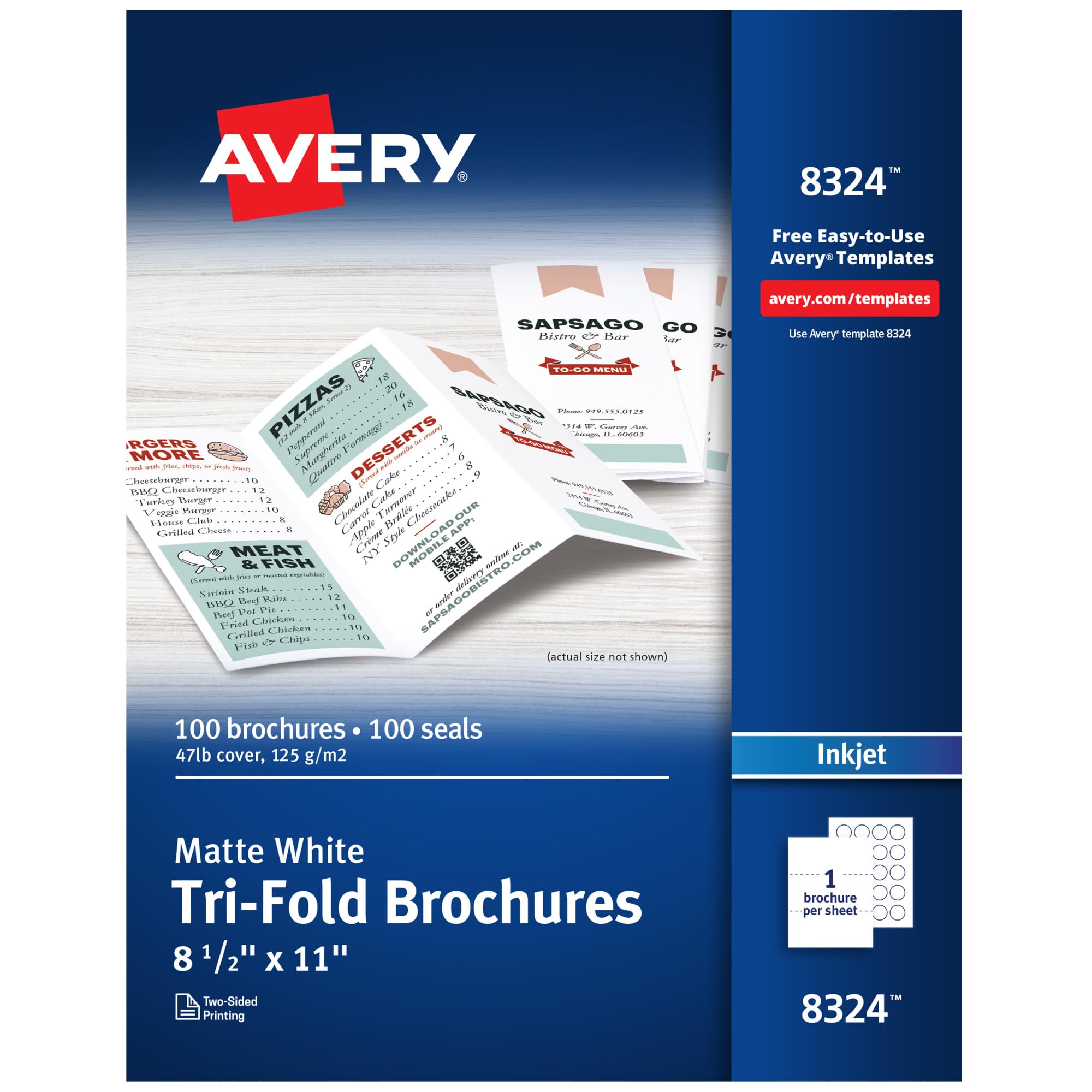 Avery Printable Tri-Fold Brochures with Mailing Seals, 8.5" x 11", Matte White, 100 Blank Brochure Paper for Inkjet Printers (08324)