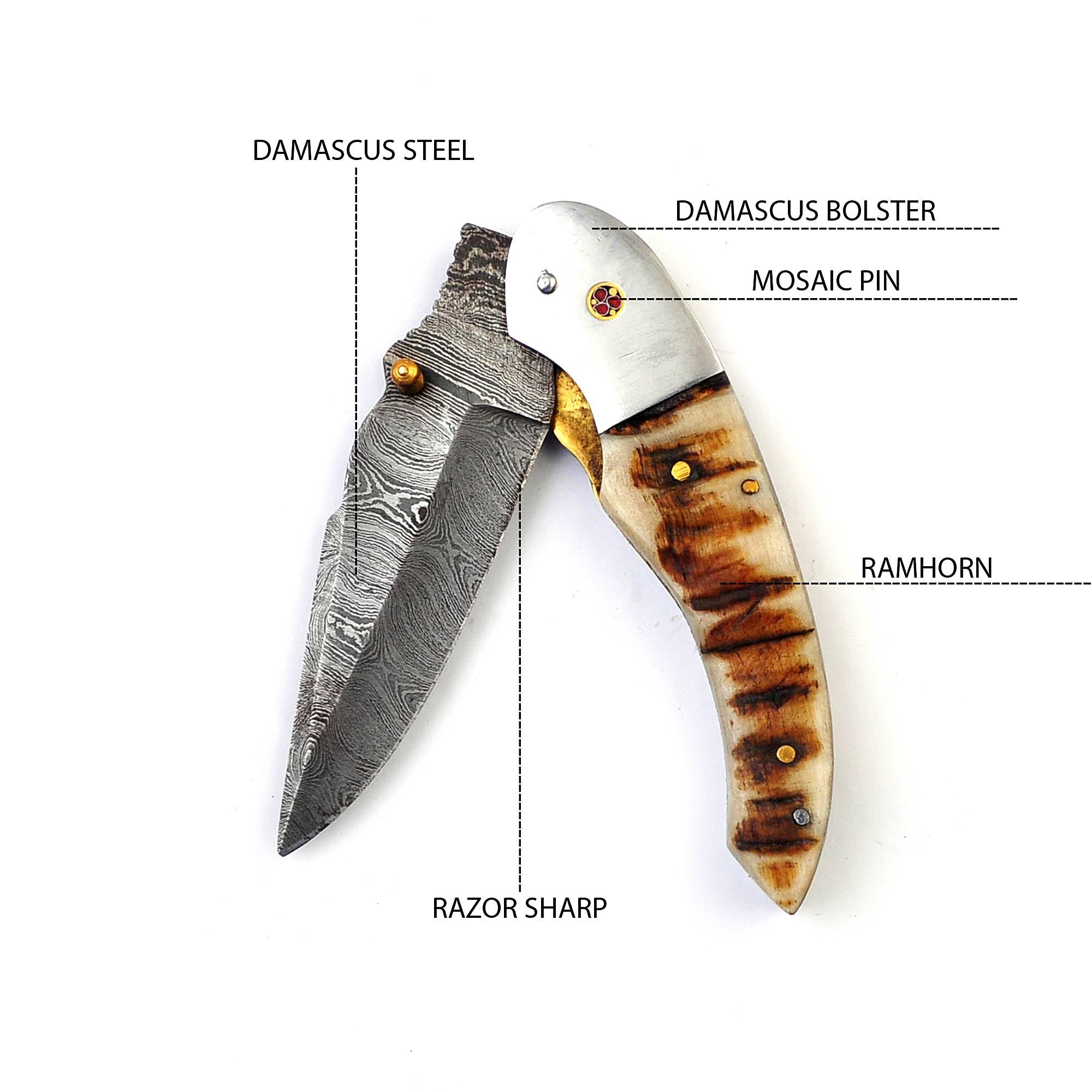 SharpWorld Custom Damascus Pocket Knife Ideal For Camping w/Leather Sheath TJ123