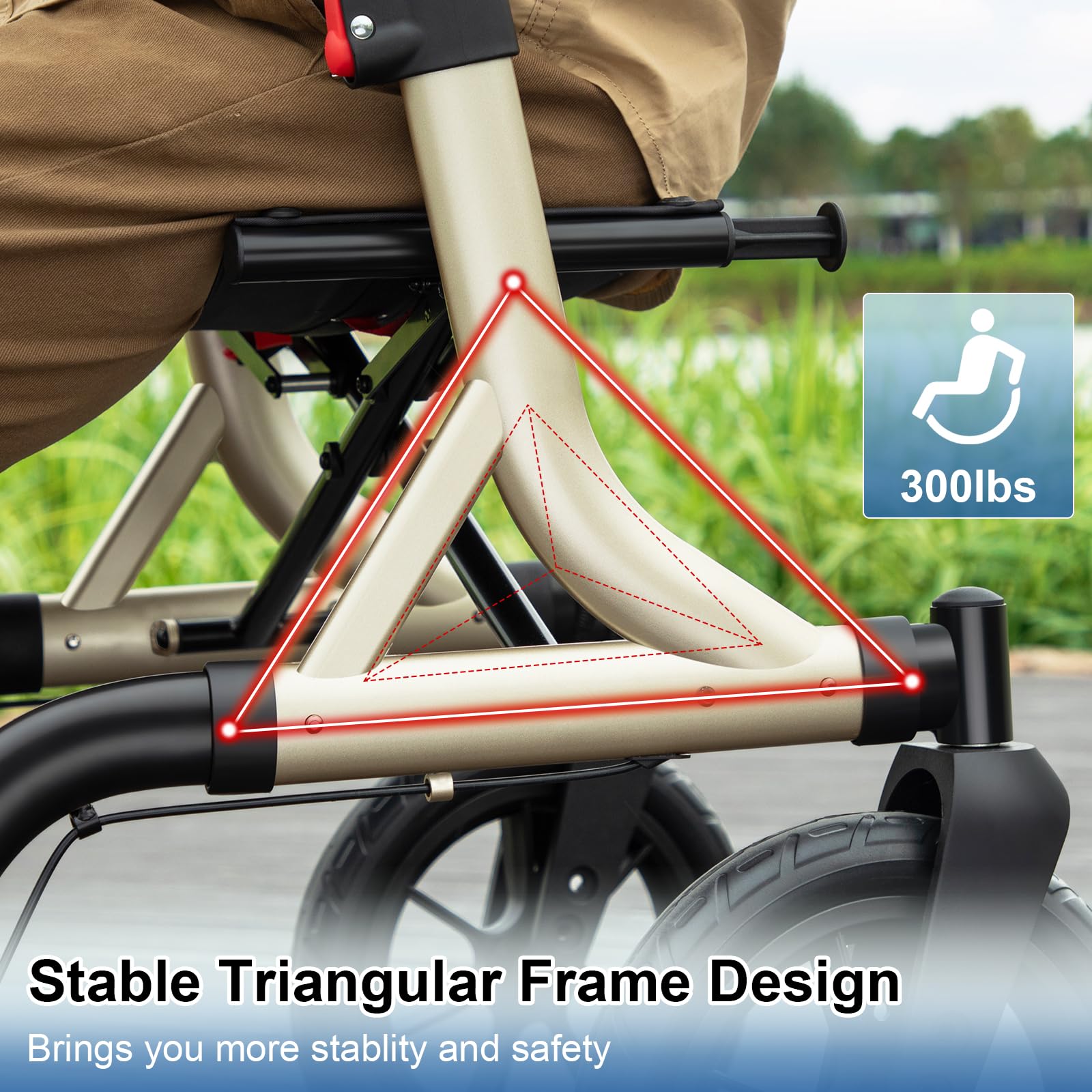 MAXWALK Walkers for Seniors, Rollator Walker with Seat, 12" Big Rubber Wheels All Terrain Rollator Walker with Backrest, Built-in Cable, Cup Holder, Foldable and Height Adjustment for Seniors, Gold